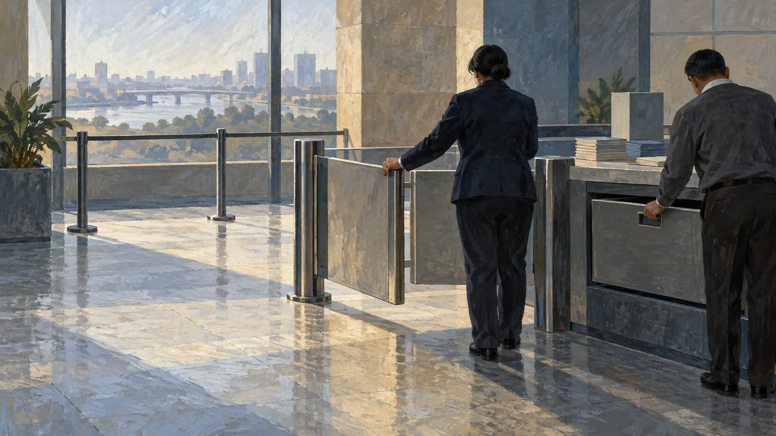 Illustration of a woman holding open a barrier and a man pulling a drawer in a sunlit lobby, with a river, bridge and city skyline visible through the windows. SI illustration