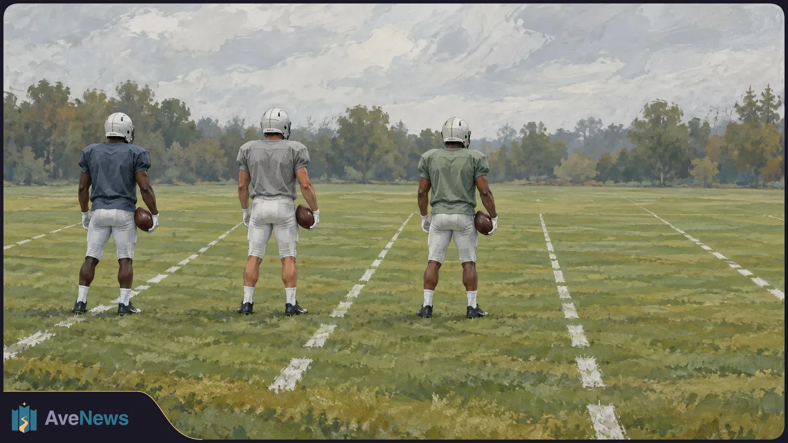 Illustration of three helmeted American football players holding footballs and facing an empty, lined field beneath a cloudy sky. SI illustration