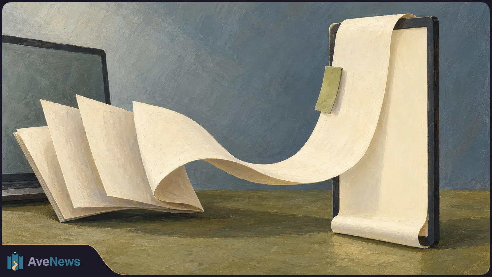 Painted illustration of an open book beside a laptop, with a long blank page curling across a desk to an upright tablet. SI illustration