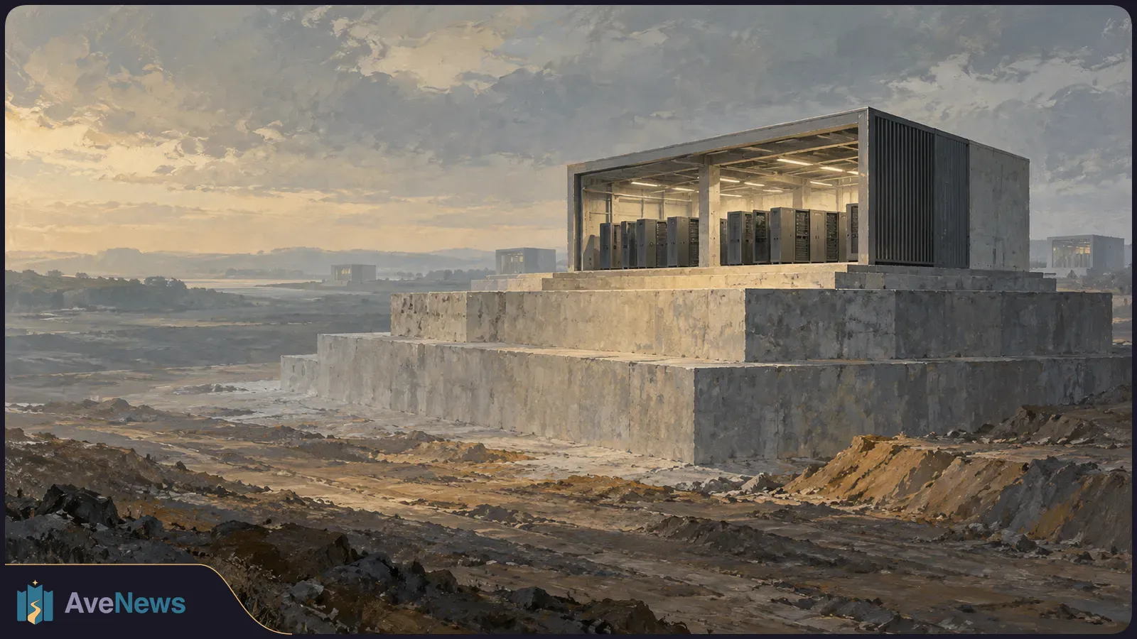 Illustration of server racks inside a lit, open-sided building on a tiered concrete base, surrounded by rocky ground beneath a cloudy sky. SI illustration