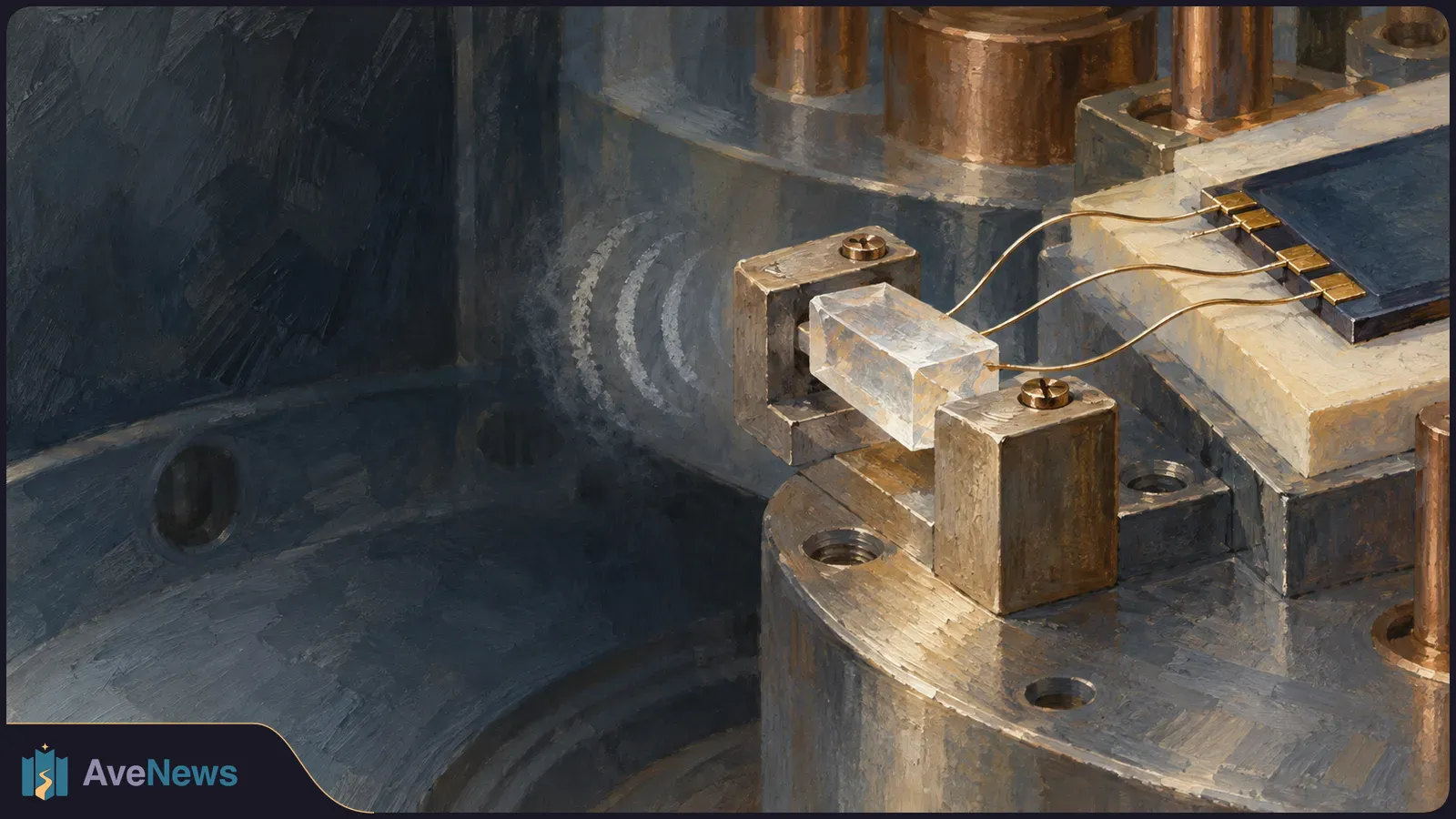 Painted close-up of a translucent crystal held between metal clamps, with thin wires leading to a dark rectangular plate and pale curved marks beside the crystal. SI illustration