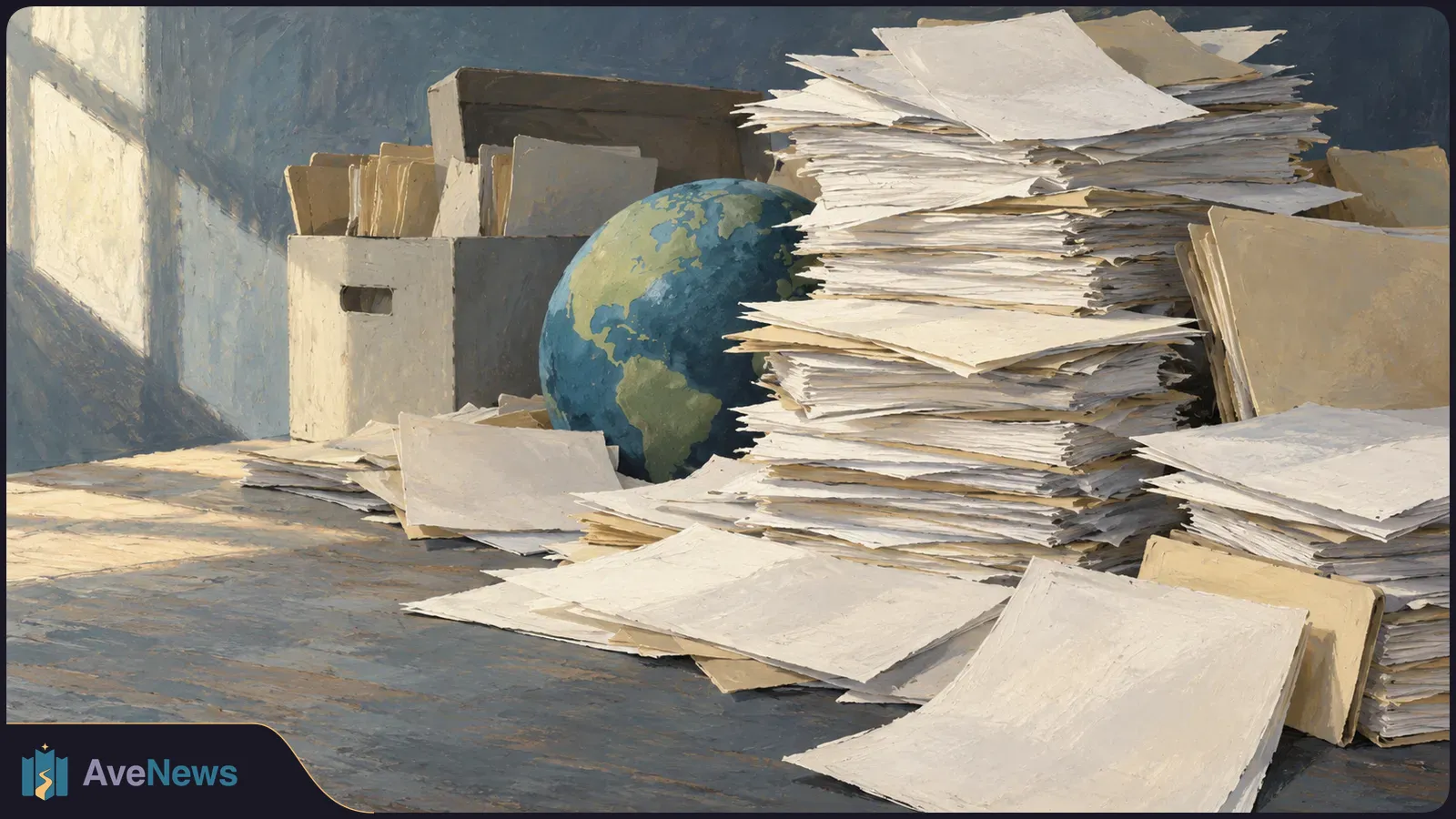 Illustration of a globe among tall stacks of loose papers, folders and archive boxes on a sunlit table. SI illustration