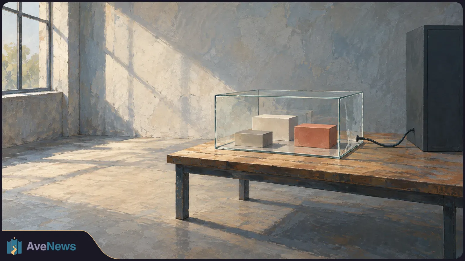 In a sunlit painted room, three plain blocks sit inside a glass case on a wooden table. A cable connects the case to a tall black cabinet. SI illustration