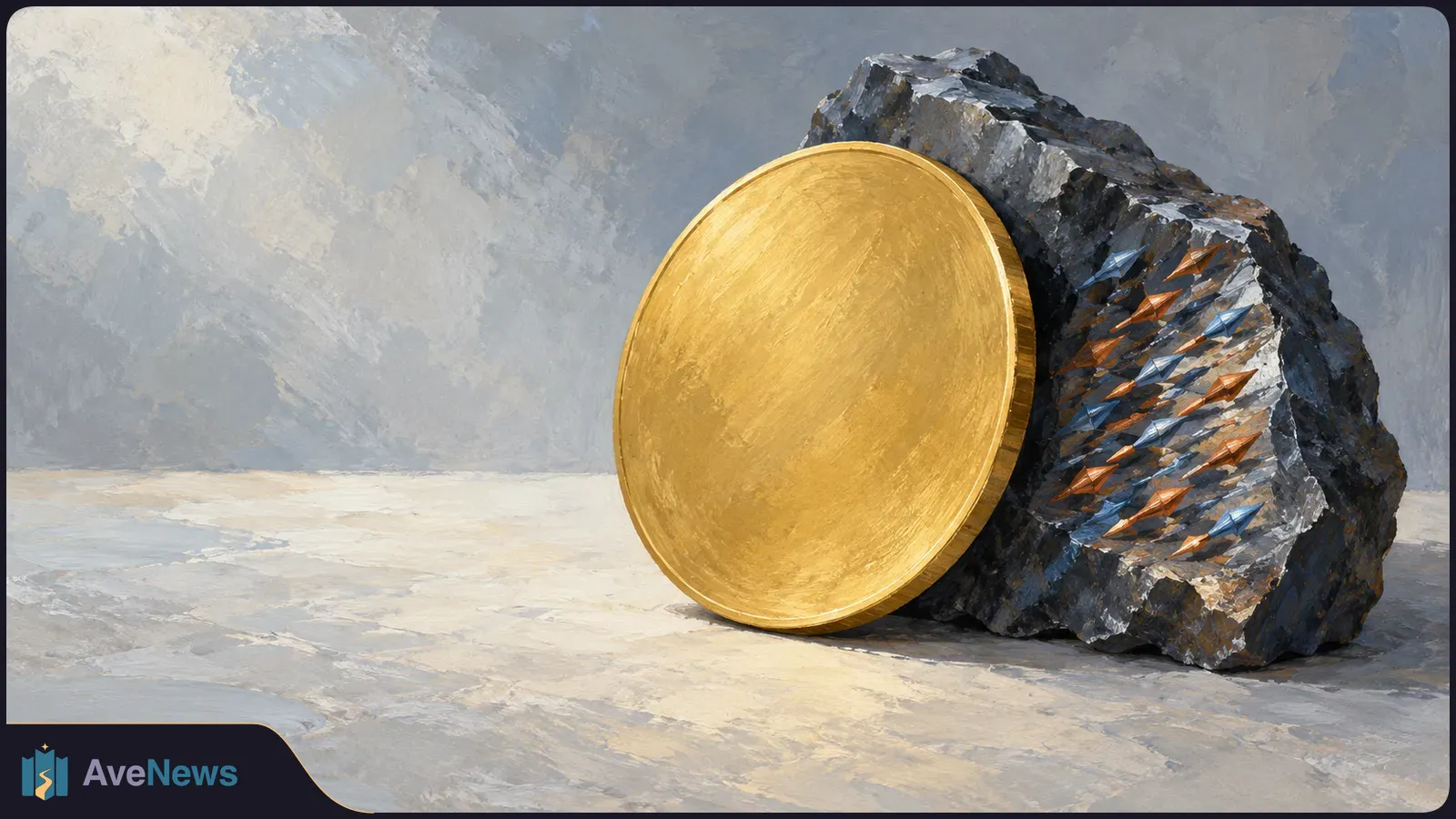 A painted gold disc leans against a dark, jagged rock marked with blue and copper streaks, on a pale surface against a gray background. SI illustration