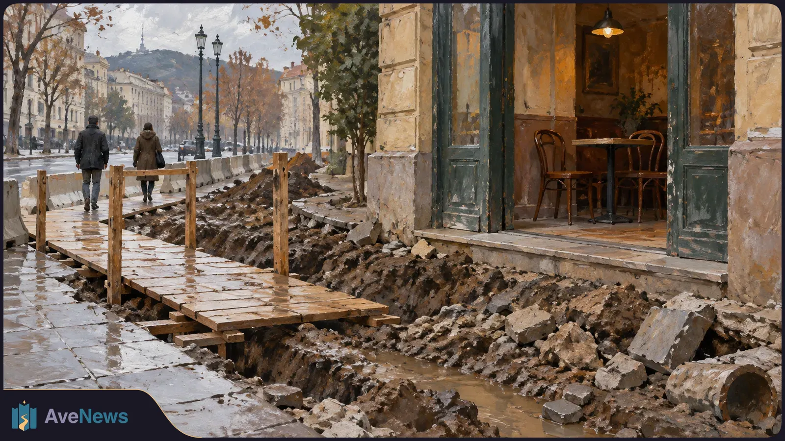 Painterly street scene with a muddy construction trench and wooden footbridge beside an open café entrance; two pedestrians walk along the wet sidewalk. SI illustration