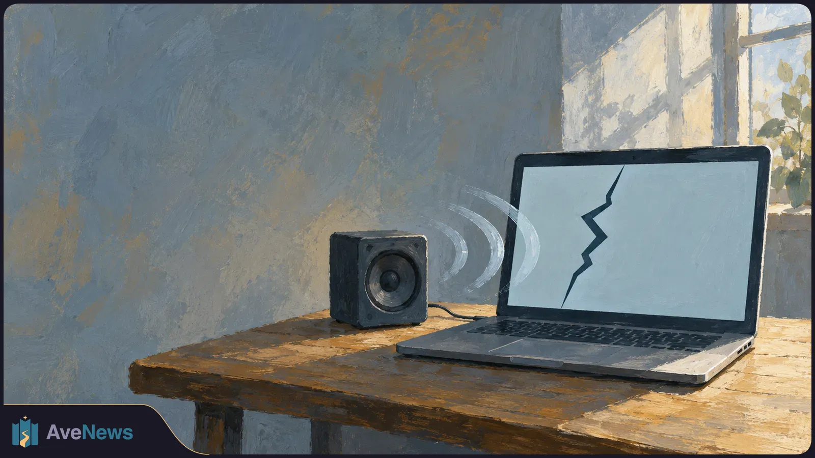 Painterly illustration of a speaker beside a laptop on a sunlit wooden table. Curved sound-wave lines appear between them, and a jagged black mark crosses the laptop’s pale screen. SI illustration