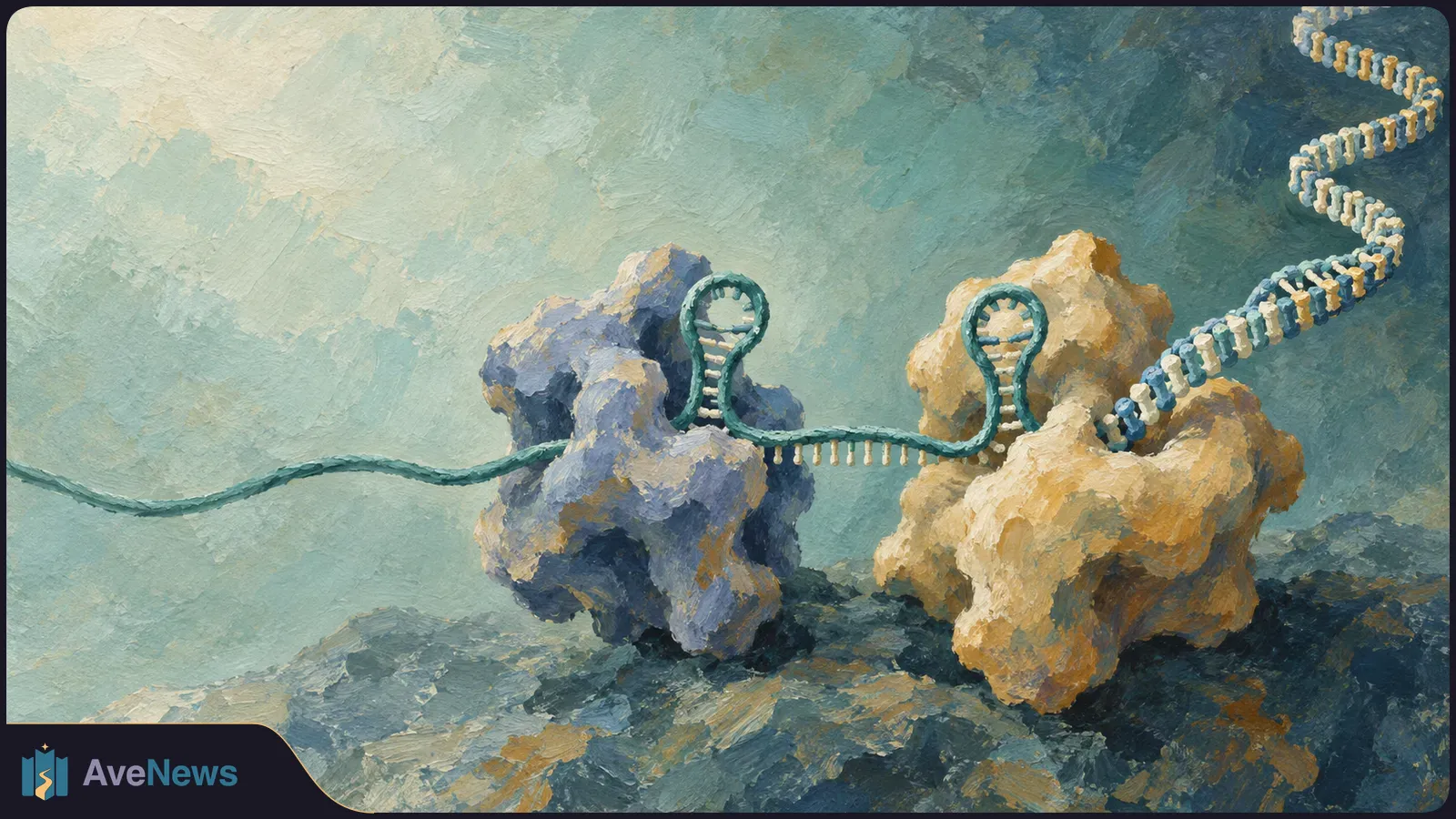Painted molecular scene with a green strand looping through two lumpy blue and ochre forms. A pale ladder-like chain winds toward the upper right. SI illustration