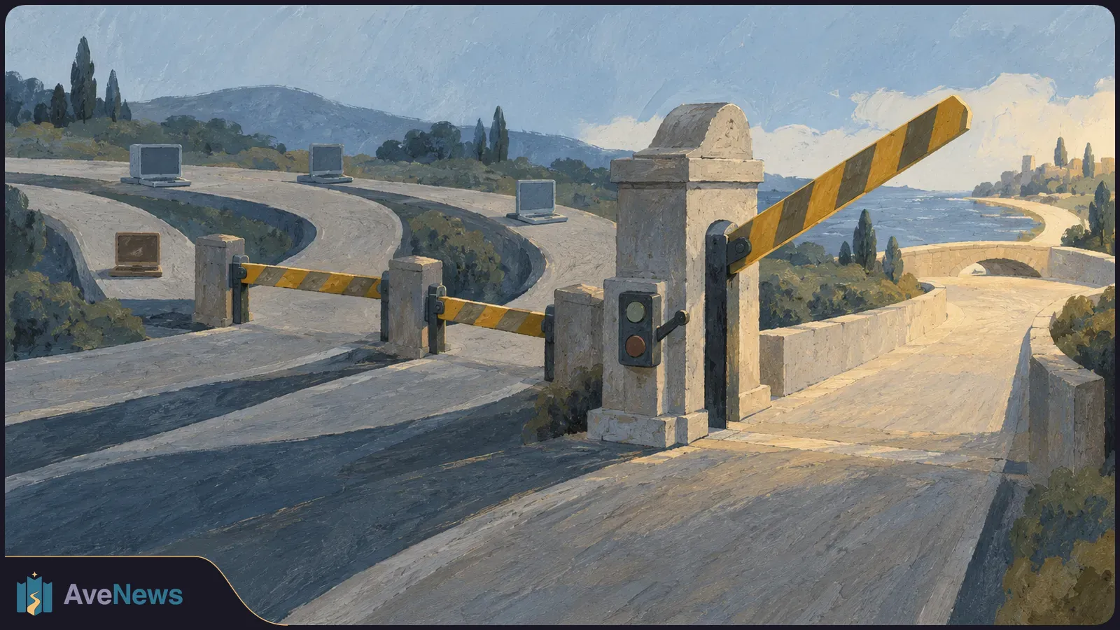 Painted scene of winding roads with several open laptops, striped barriers and a control post beside a river and stone bridge. SI illustration