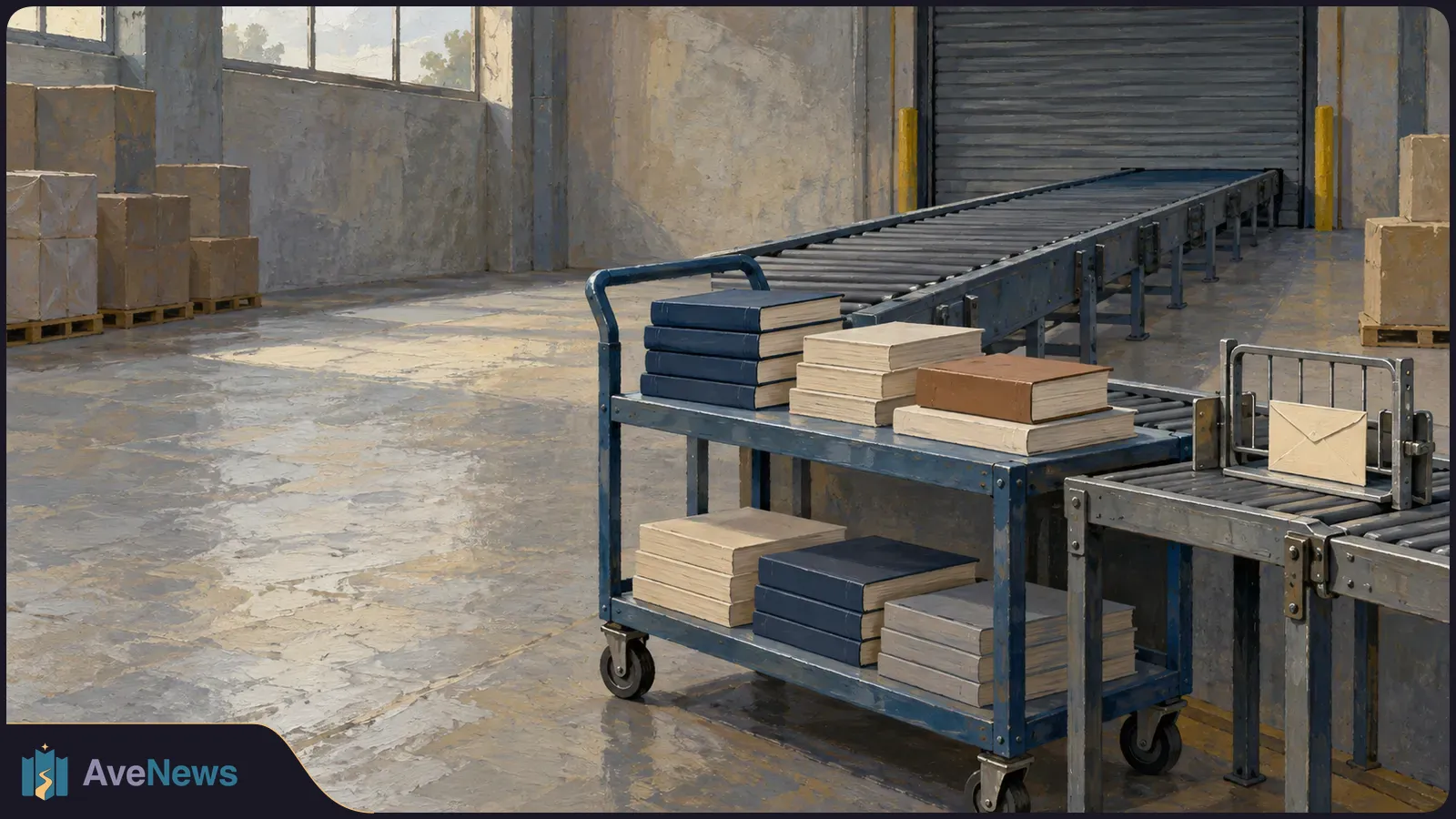 Stacks of unmarked books sit on a wheeled cart beside a conveyor belt in a warehouse; a plain envelope rests on the rollers. SI illustration
