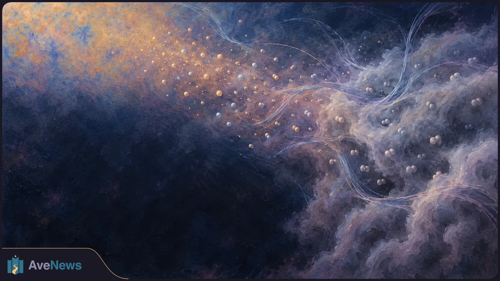 Thin, curving light trails weave through scattered small spheres and cloudy purple-blue forms against a dark background. SI illustration