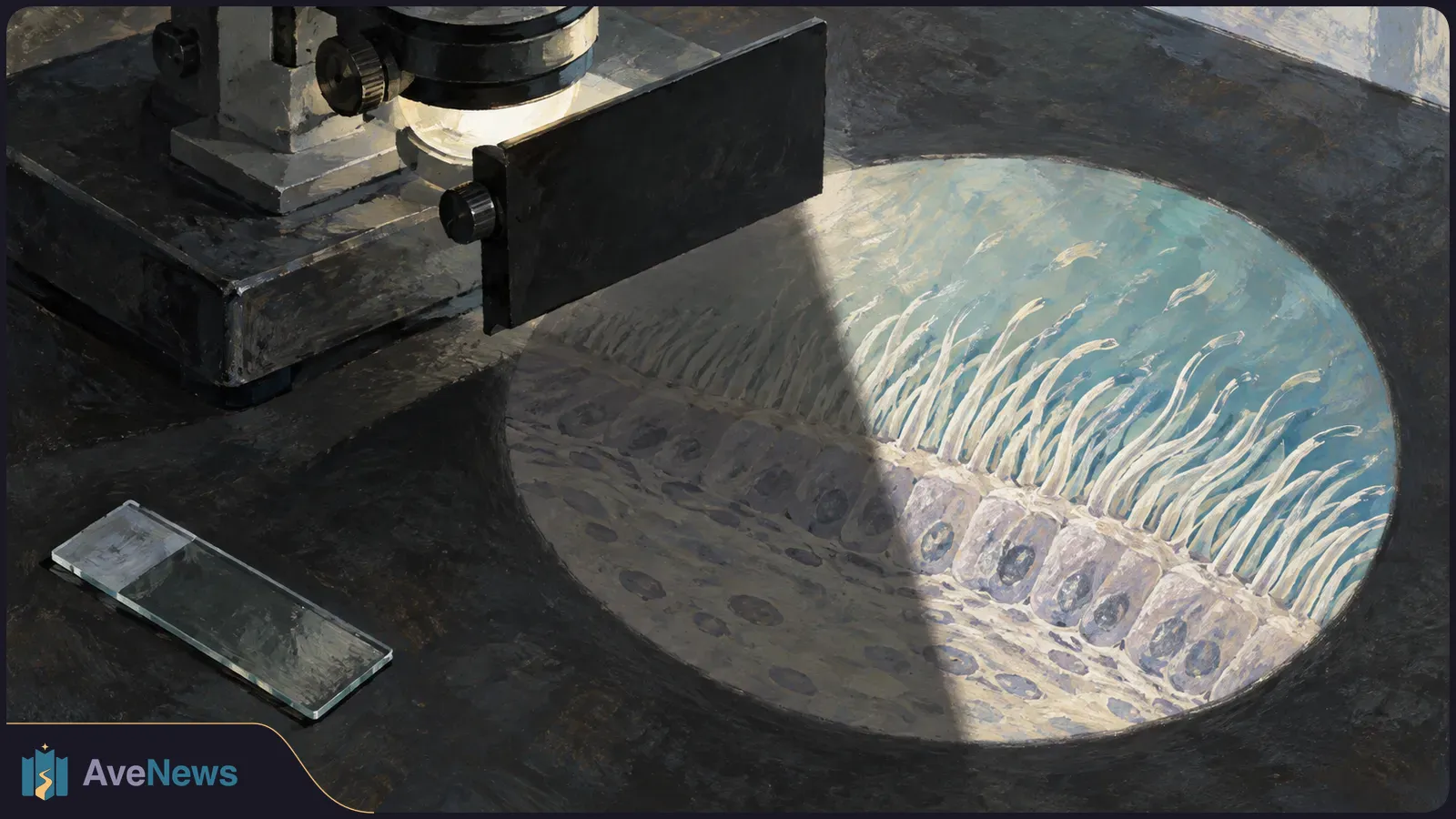 A painted microscope and glass slide sit on a dark bench beside a bright circular view of cells with long, hairlike projections. SI illustration