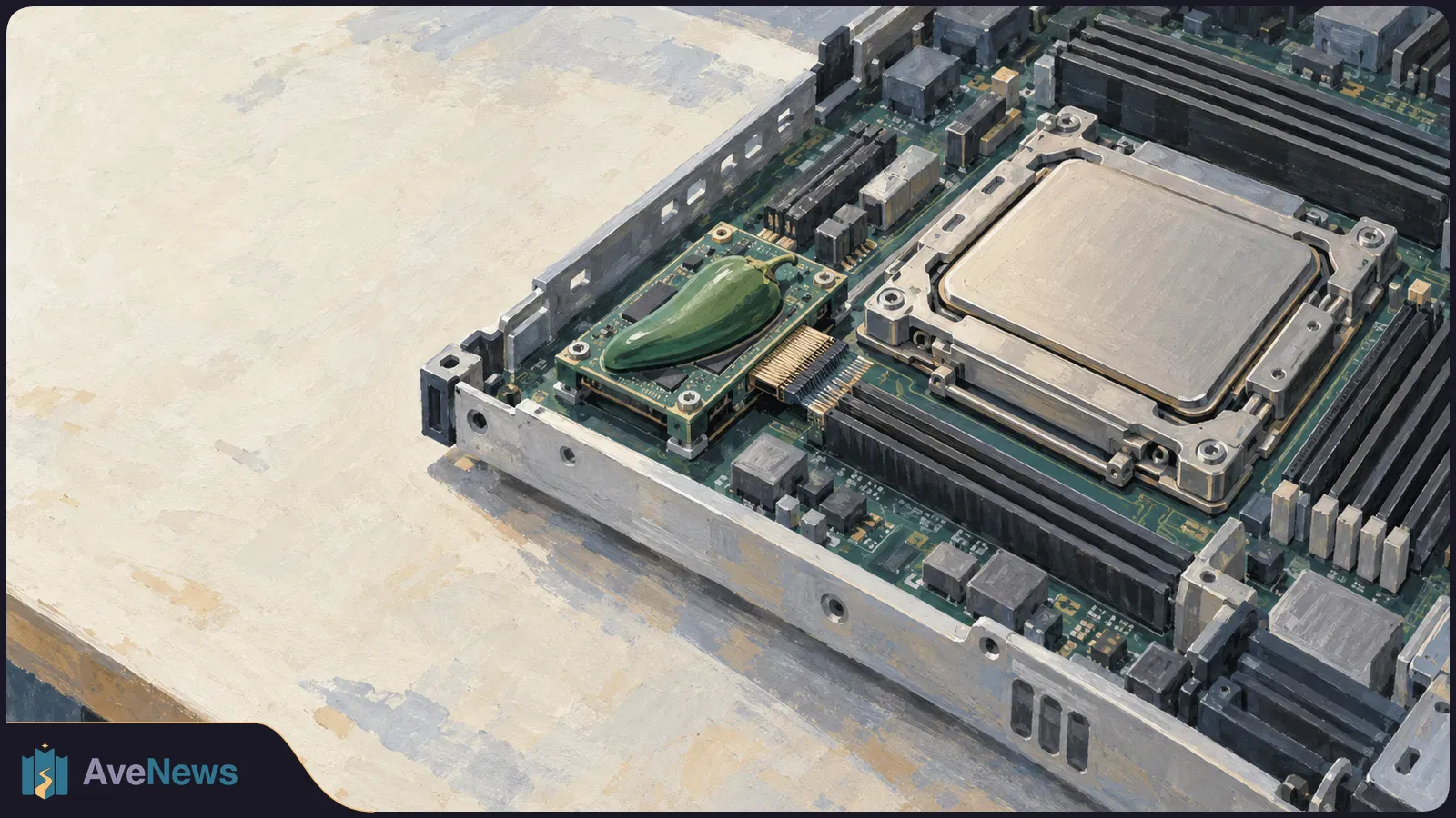 Painterly close-up of a motherboard: a green chili pepper sits on a small circuit board beside a large silver processor. SI illustration