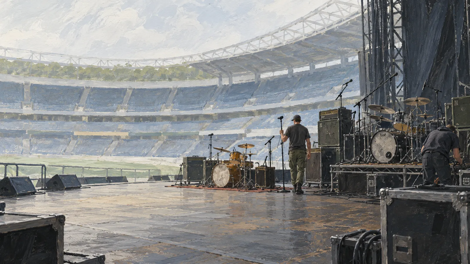 A painted view from a stadium stage, where two crew members stand among drum kits, microphones, amplifiers and equipment cases facing empty seats. SI illustration