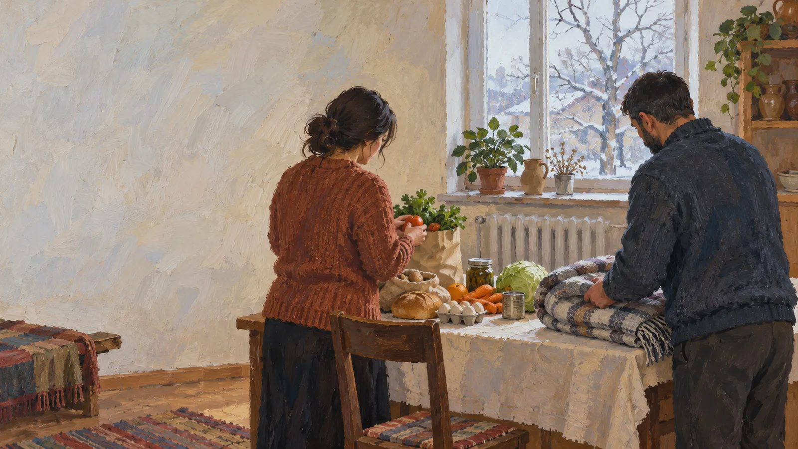 A painted scene of two adults at a table: one holds a tomato beside groceries, while the other folds blankets. Snow-covered trees are visible through the window. SI illustration