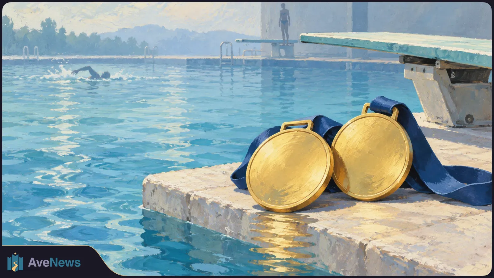 Two gold medals with dark blue ribbons rest beside a swimming pool. A swimmer and a person standing on a diving platform appear in the background. SI illustration