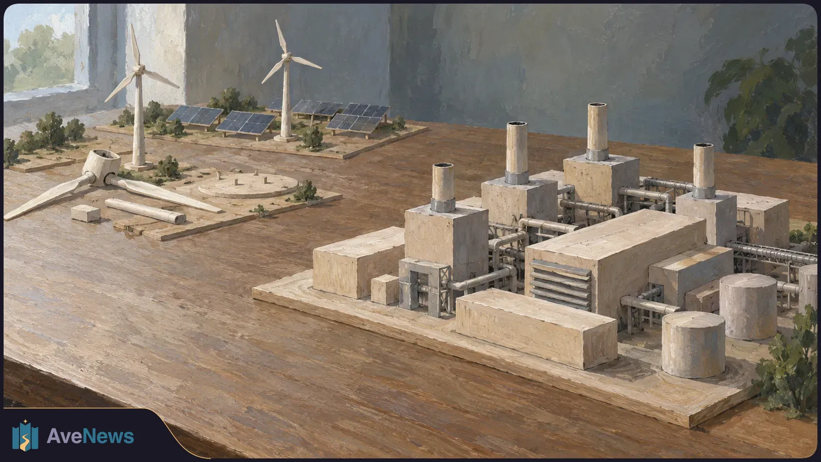 Painted tabletop scene with a model industrial plant and pipes in front, solar panels and wind turbines behind, and loose turbine parts on the left. SI illustration