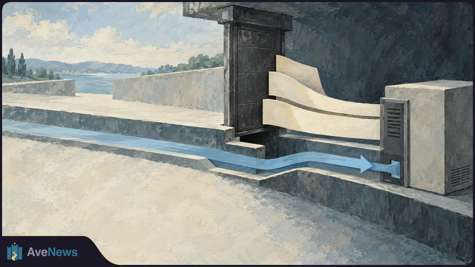 Painted illustration of a concrete structure beside water, with three pale ribbons extending from a dark panel toward a vented box and a blue arrow running along a channel. SI illustration