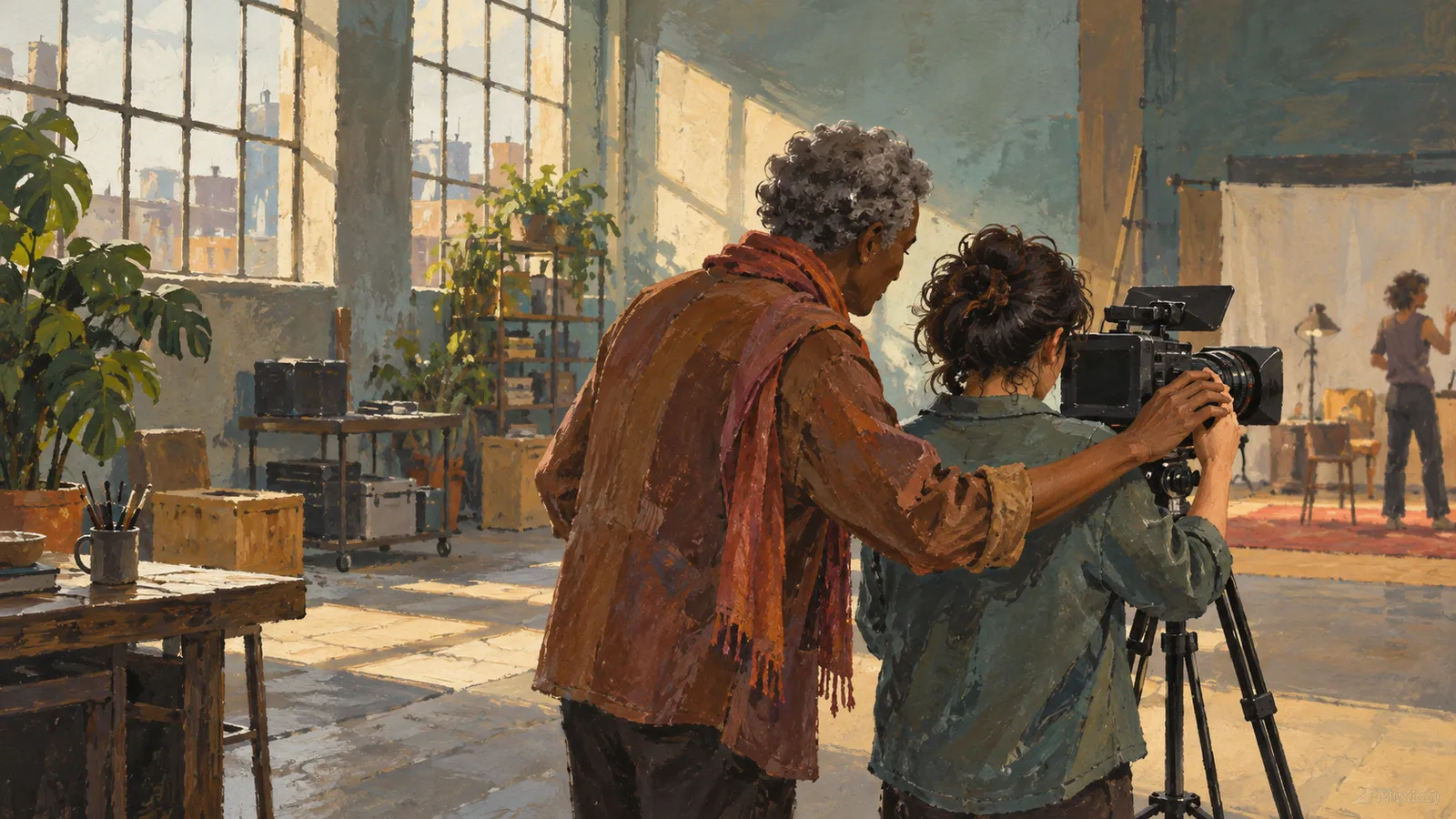 In a sunlit studio, two people stand behind a tripod-mounted camera, one reaching toward its lens. Another person stands near a backdrop in the distance. SI illustration