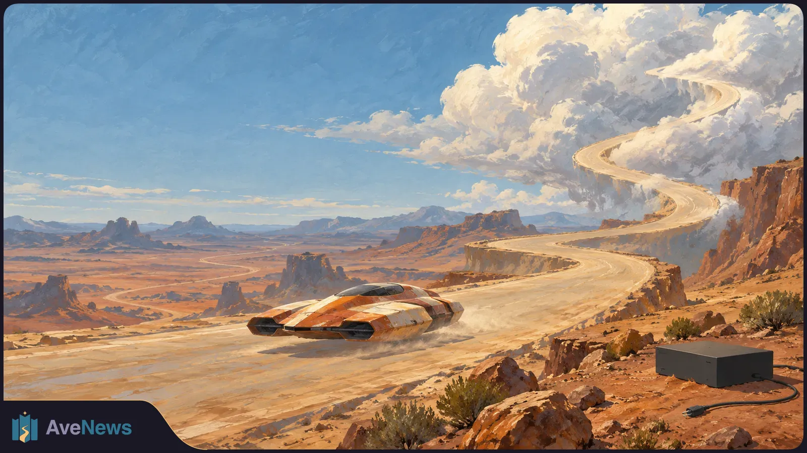 A painted desert scene shows an orange-and-white hover racer on a winding road that rises into the clouds. A plain black box with a cable sits on the rocky foreground. SI illustration