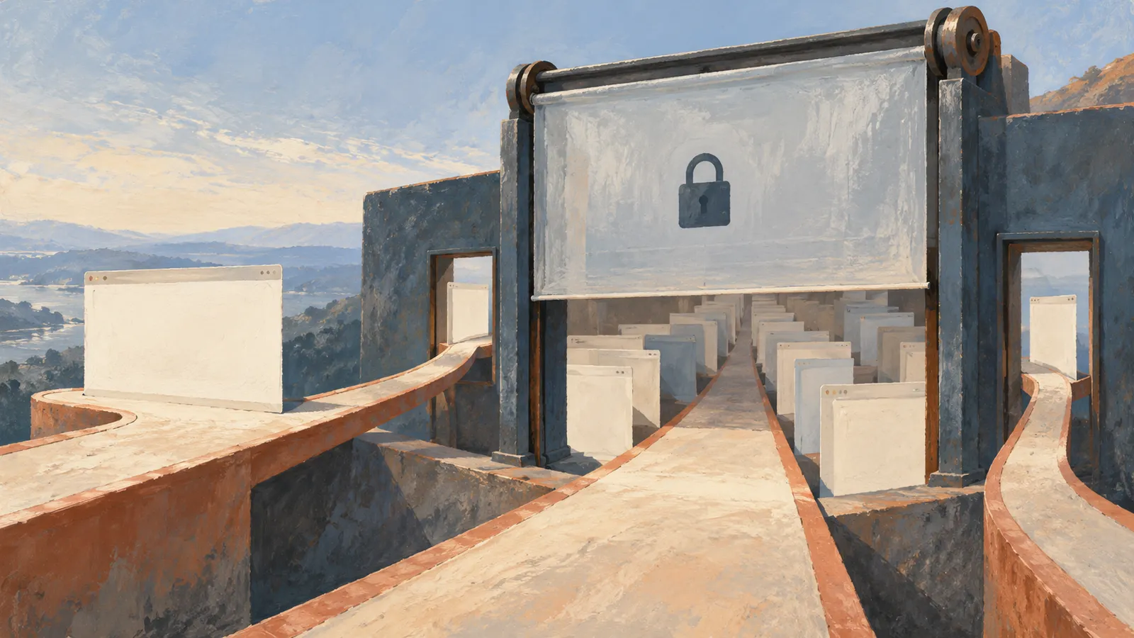 An illustrated pathway leads beneath a large panel bearing a closed padlock, with rows of blank browser windows beyond and side paths winding past a mountainous landscape. SI illustration