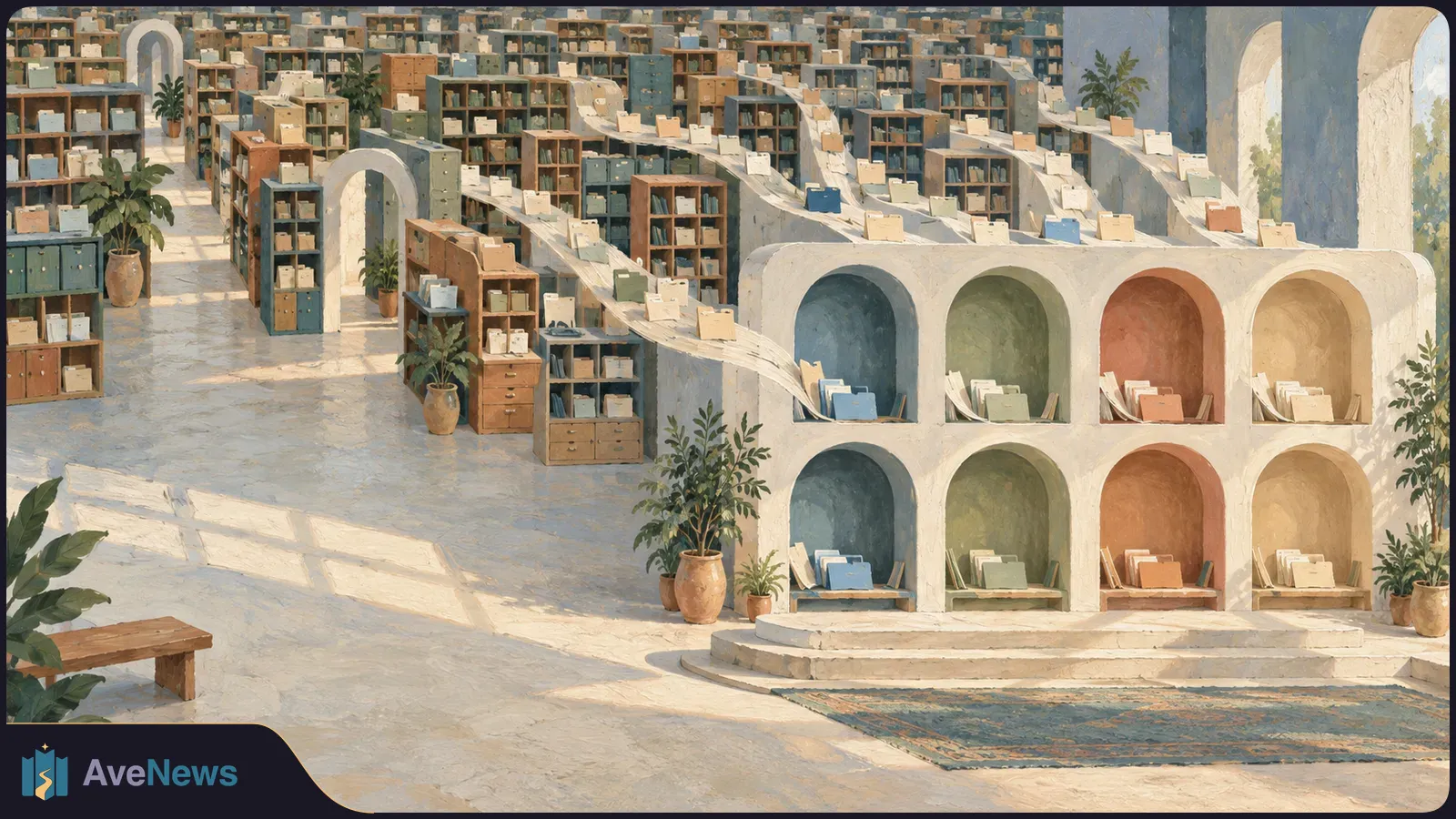 Illustration of file-filled shelves feeding paper paths into eight colored archways, with folders gathered in each compartment. SI illustration