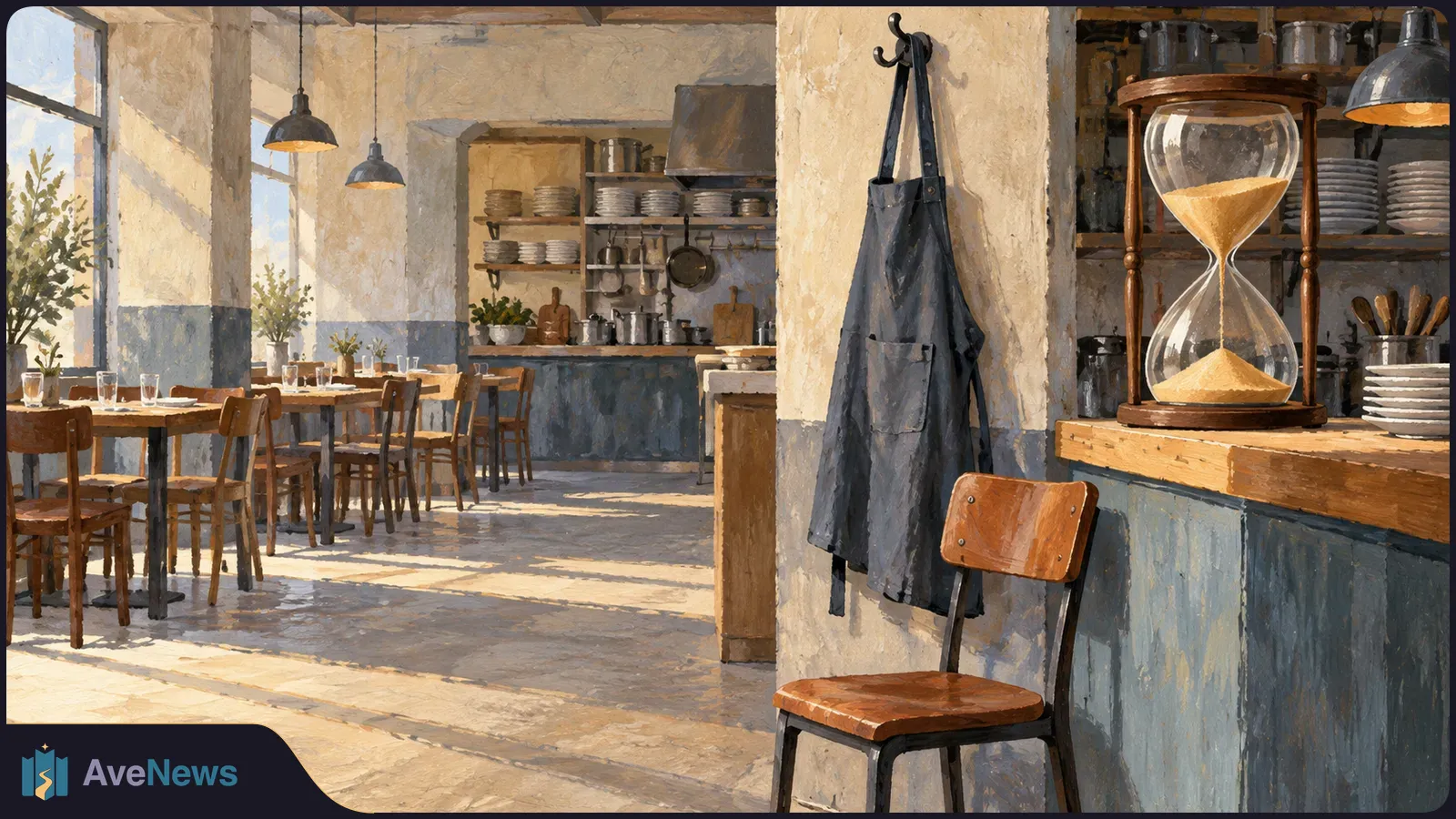 Painted, sunlit restaurant interior with empty tables, a hanging apron and a large hourglass on the counter. SI illustration
