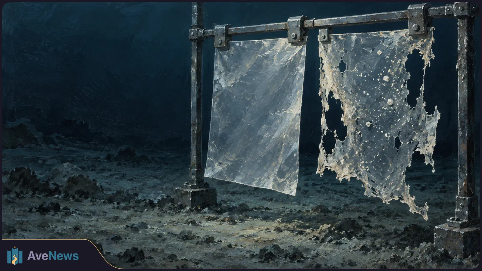 Two translucent sheets hang from a metal frame above a dark, rocky seabed; one is intact, while the other is riddled with holes. SI illustration