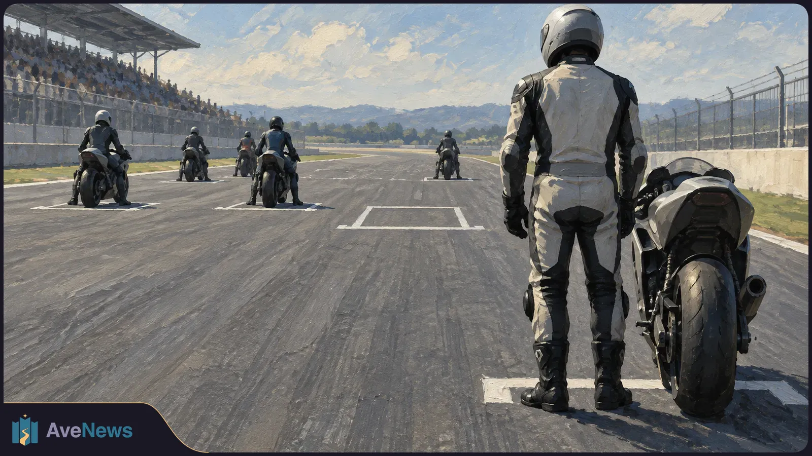 Painted scene of a helmeted rider standing beside a motorcycle on a racetrack grid, with several riders ahead and spectators in a grandstand. SI illustration