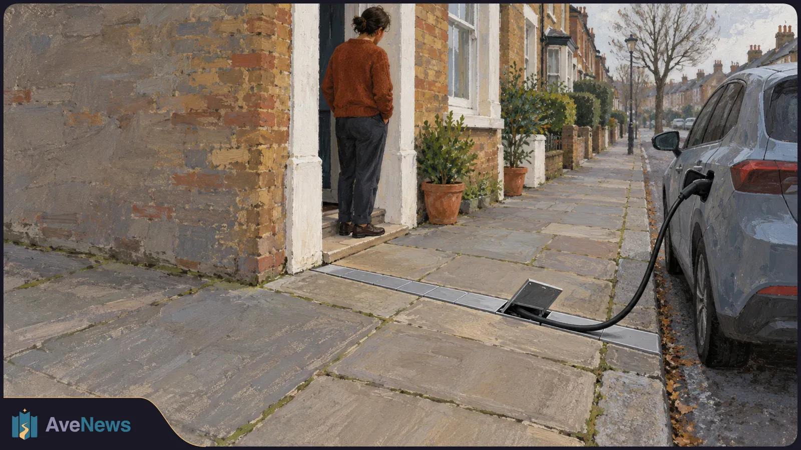 Painted street scene with a person at a brick house doorway and a parked electric car plugged into a charging cable laid through a channel across the pavement. SI illustration