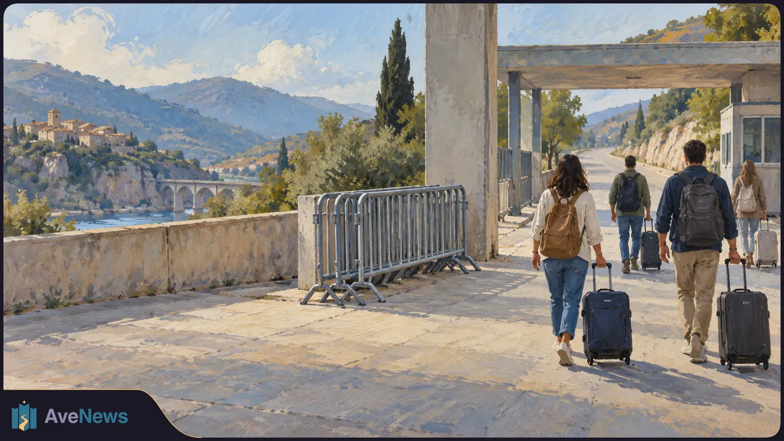Painted scene of four travelers with suitcases walking along a road past a small checkpoint, with a river, bridge, hillside town and mountains nearby. SI illustration