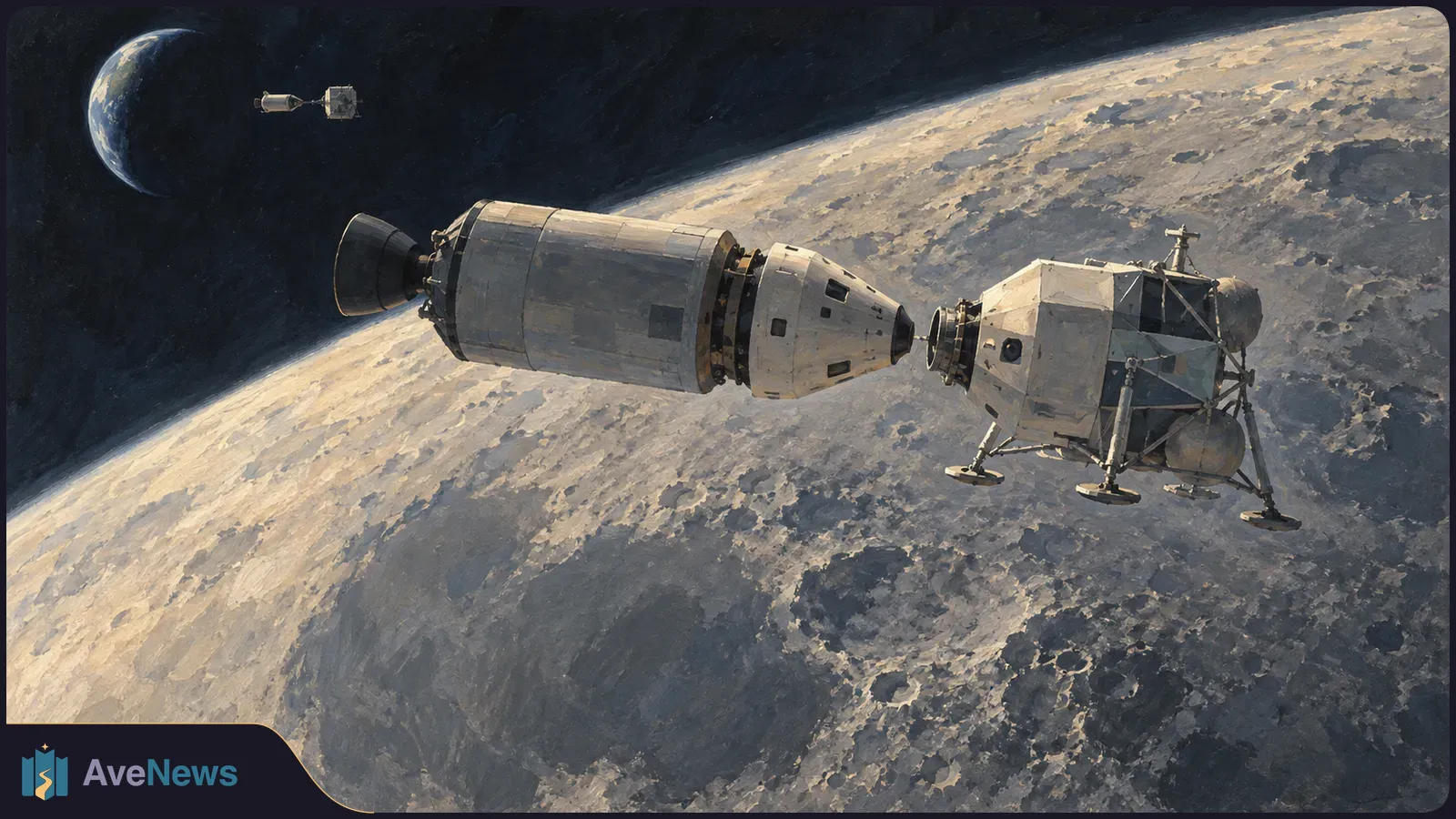 Painted spacecraft modules face each other above the Moon’s cratered surface, with Earth and a small spacecraft in the dark distance. SI illustration