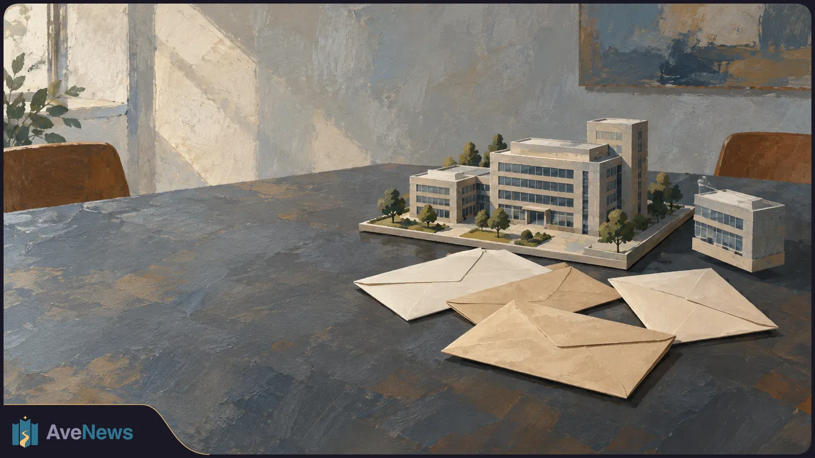 Painted illustration of an office-building model and a smaller building model on a table, with four sealed envelopes in front. SI illustration