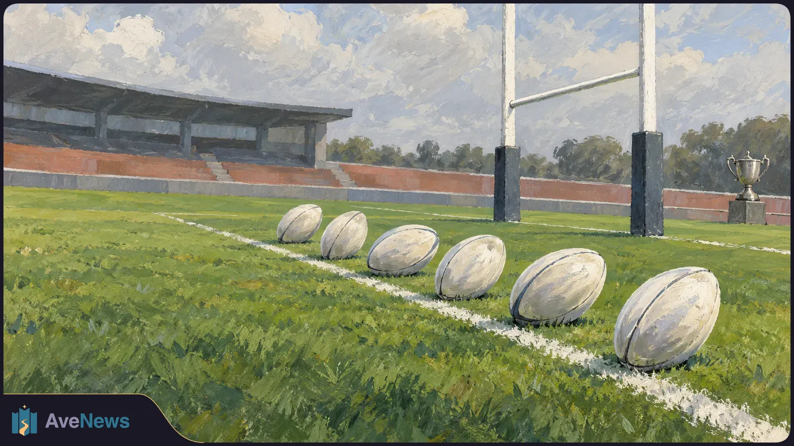 Painted rugby field with six balls lined up along a white line, goalposts behind them, empty stands and a trophy at the far right. SI illustration