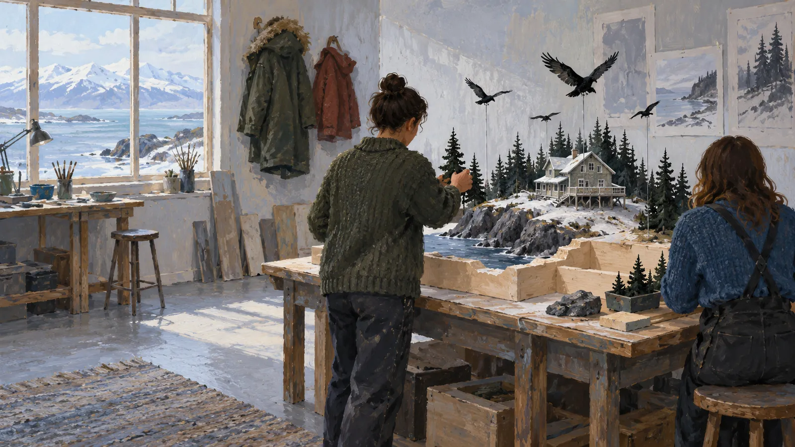 Two people work on a miniature snowy coastal scene with a house, pine trees and suspended black birds in a bright studio. SI illustration