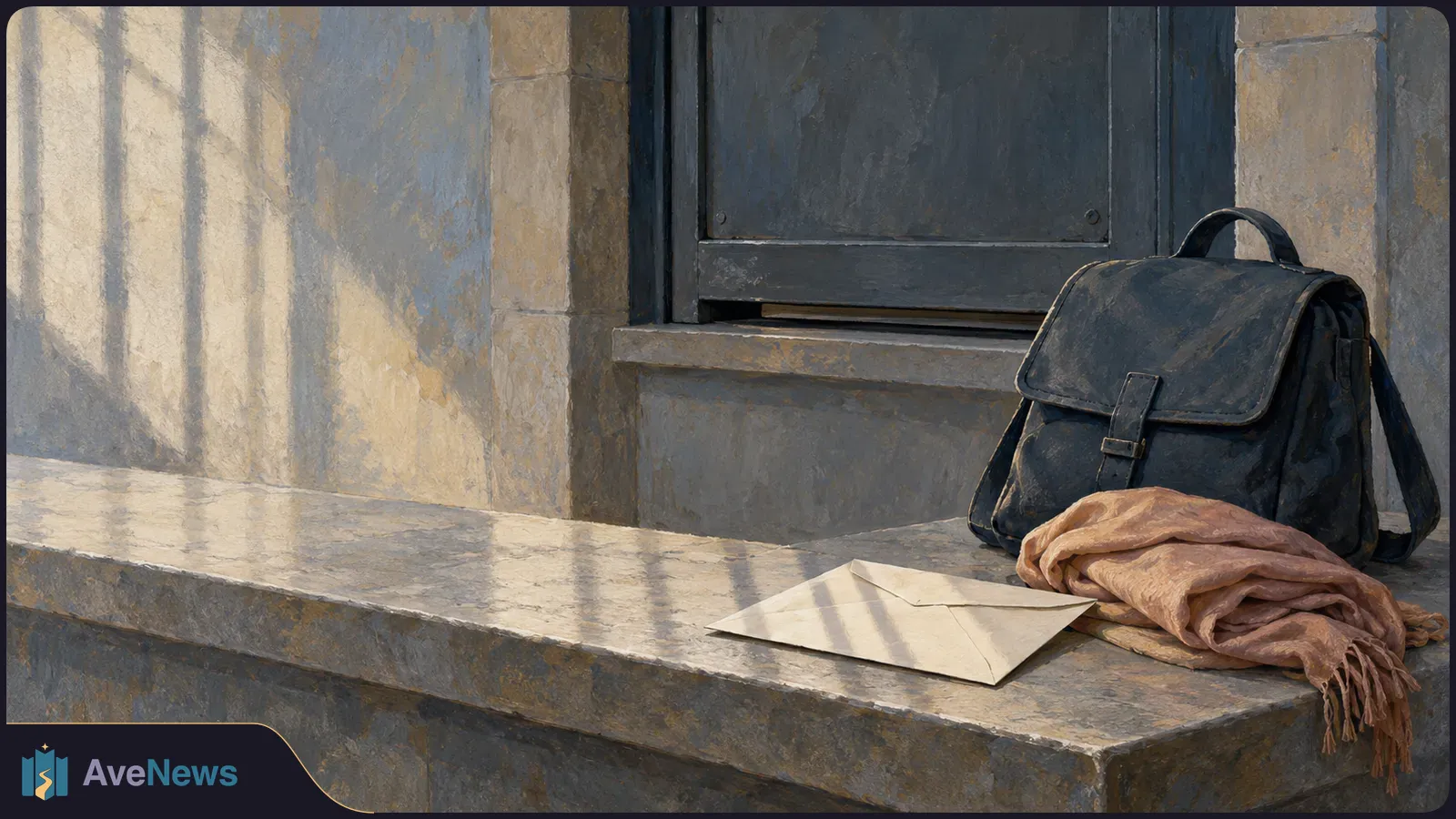 A dark satchel, folded pink scarf and plain envelope rest on a stone ledge beside a closed dark door, with long shadows across the wall. SI illustration