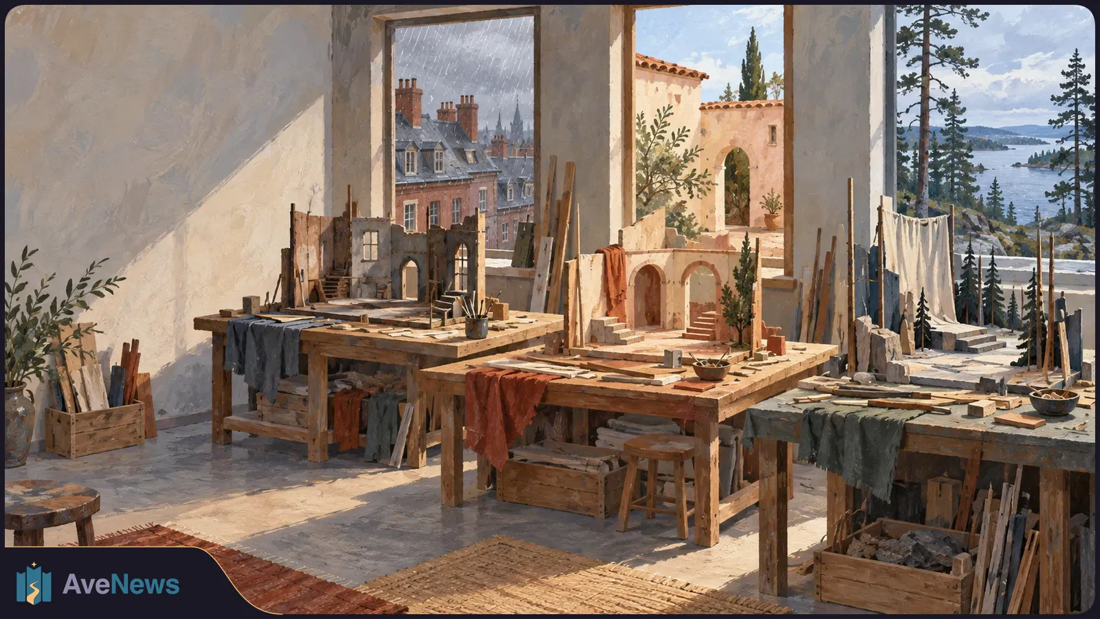 A sunlit workshop with miniature buildings, tools and draped fabric on wooden tables. Tall openings look onto rooftops, a courtyard and a wooded lakeshore. SI illustration