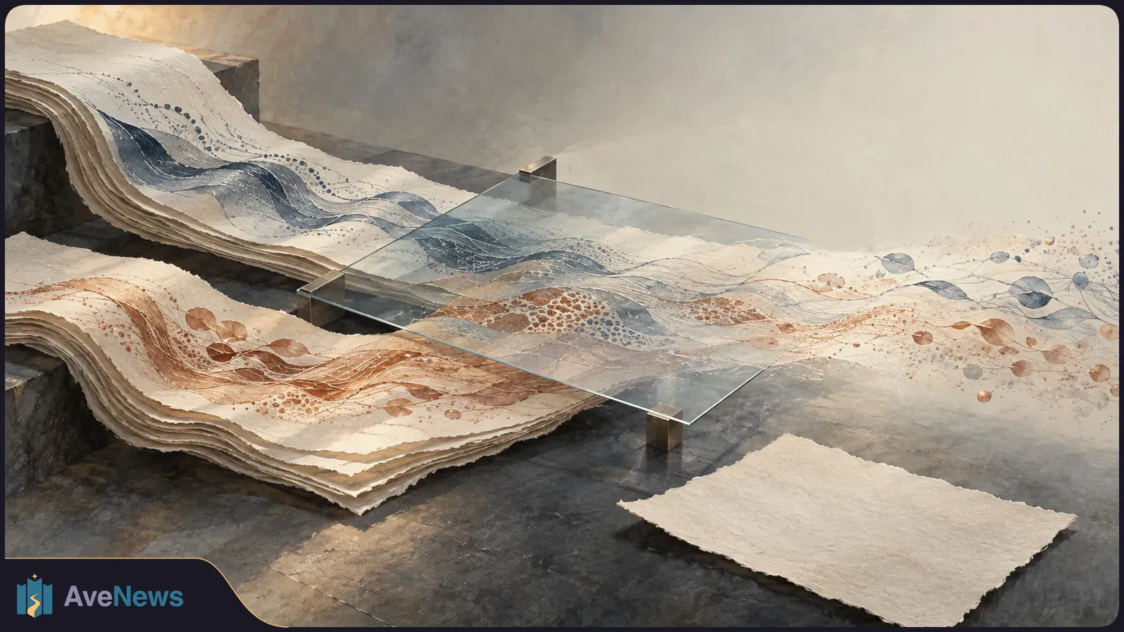Layered sheets of paper curl beneath a glass pane, with blue and rust-colored wave patterns running across them. A blank sheet lies in front. SI illustration