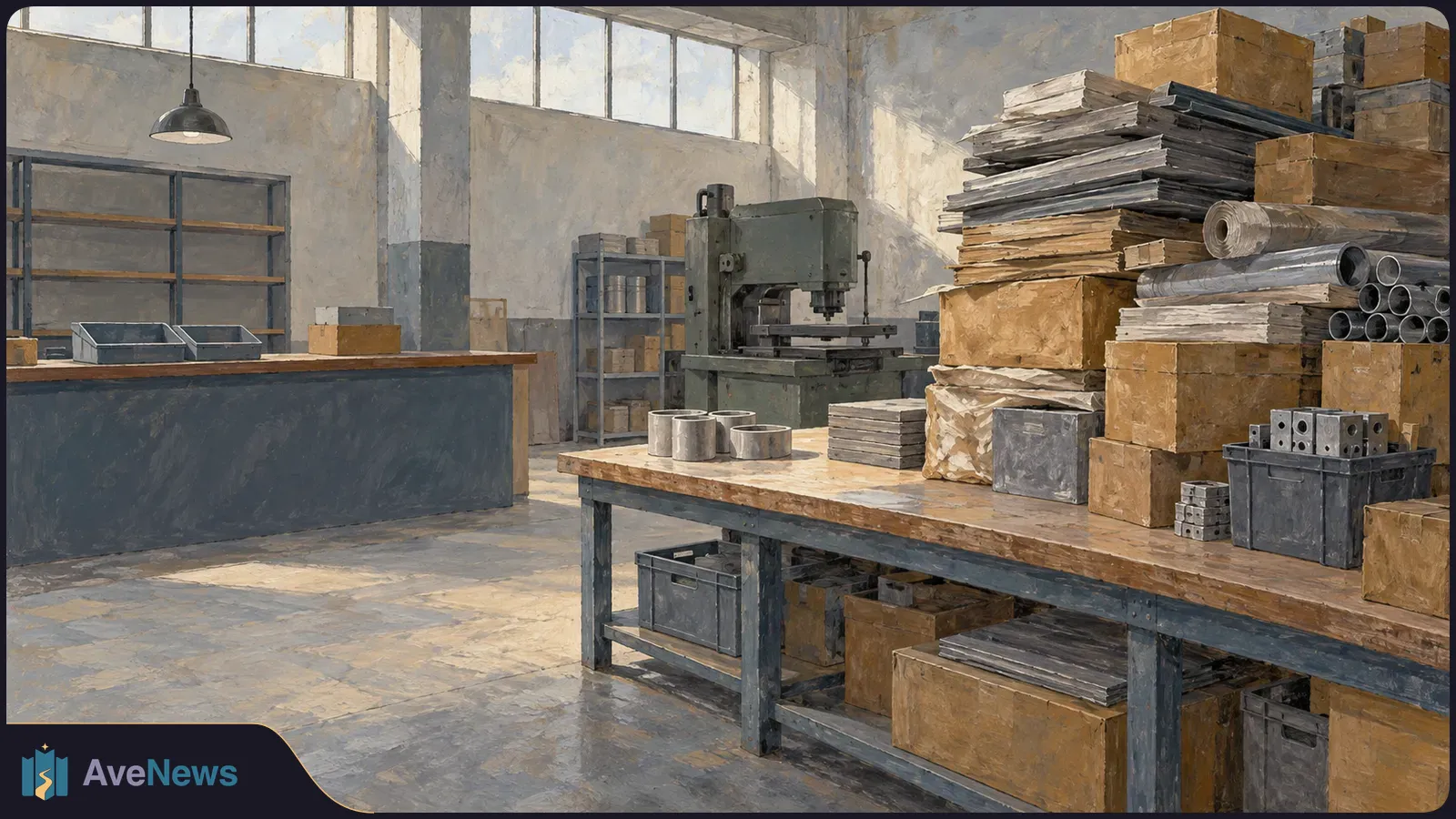 Painted view of a workshop with a large machine, worktables, stacked boxes, sheets and metal tubes. SI illustration