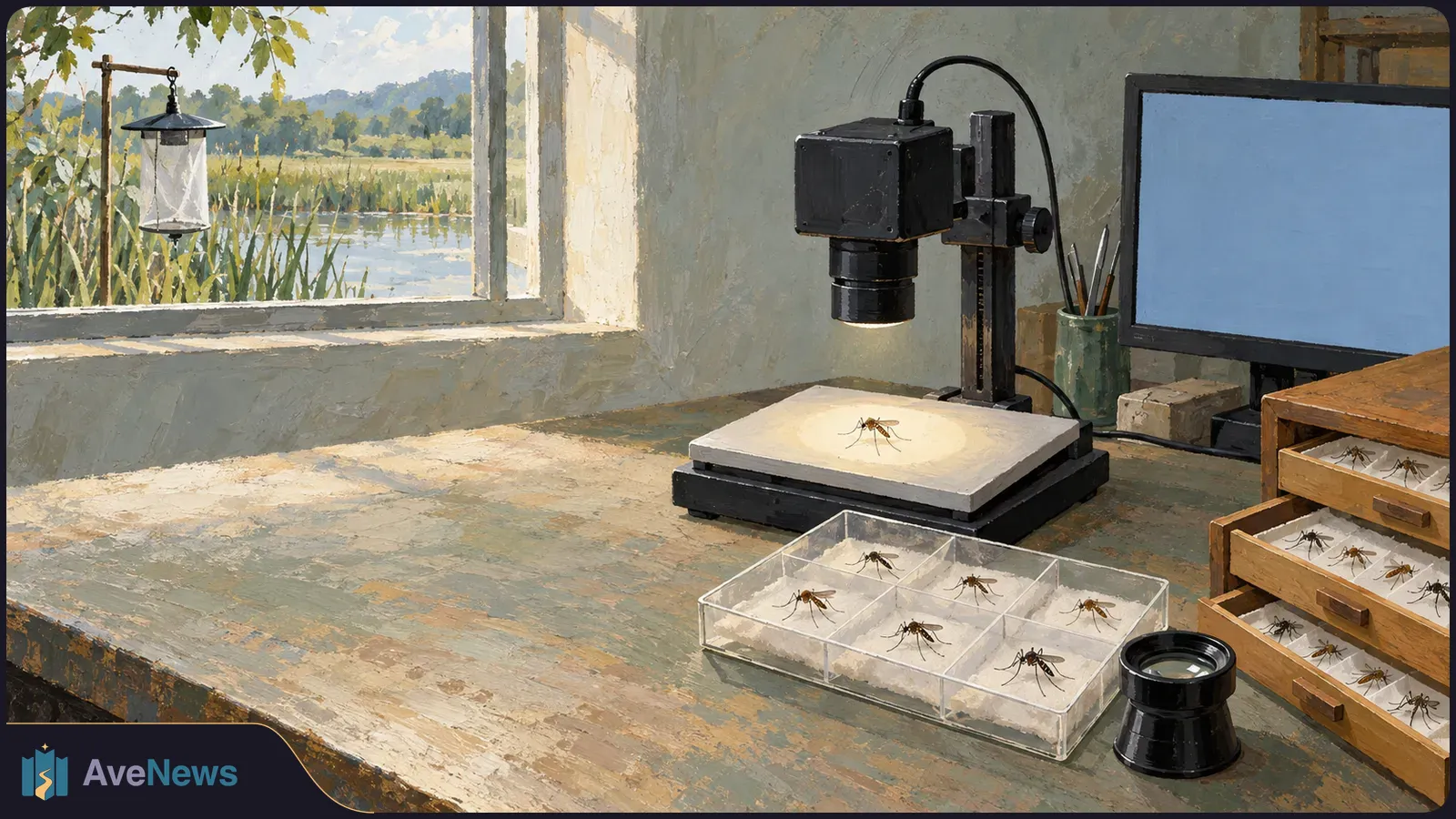 Painted workspace with a camera above a mosquito specimen, trays of mosquitoes, a blank monitor and an insect trap beside an open window. SI illustration