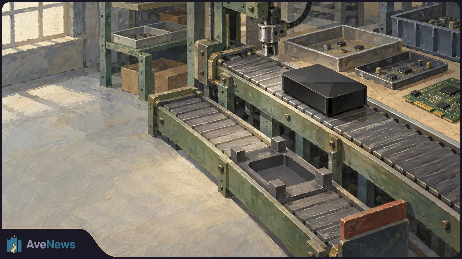 Painterly illustration of a black rectangular device on a factory conveyor, beside an empty conveyor and trays of electronic components. SI illustration