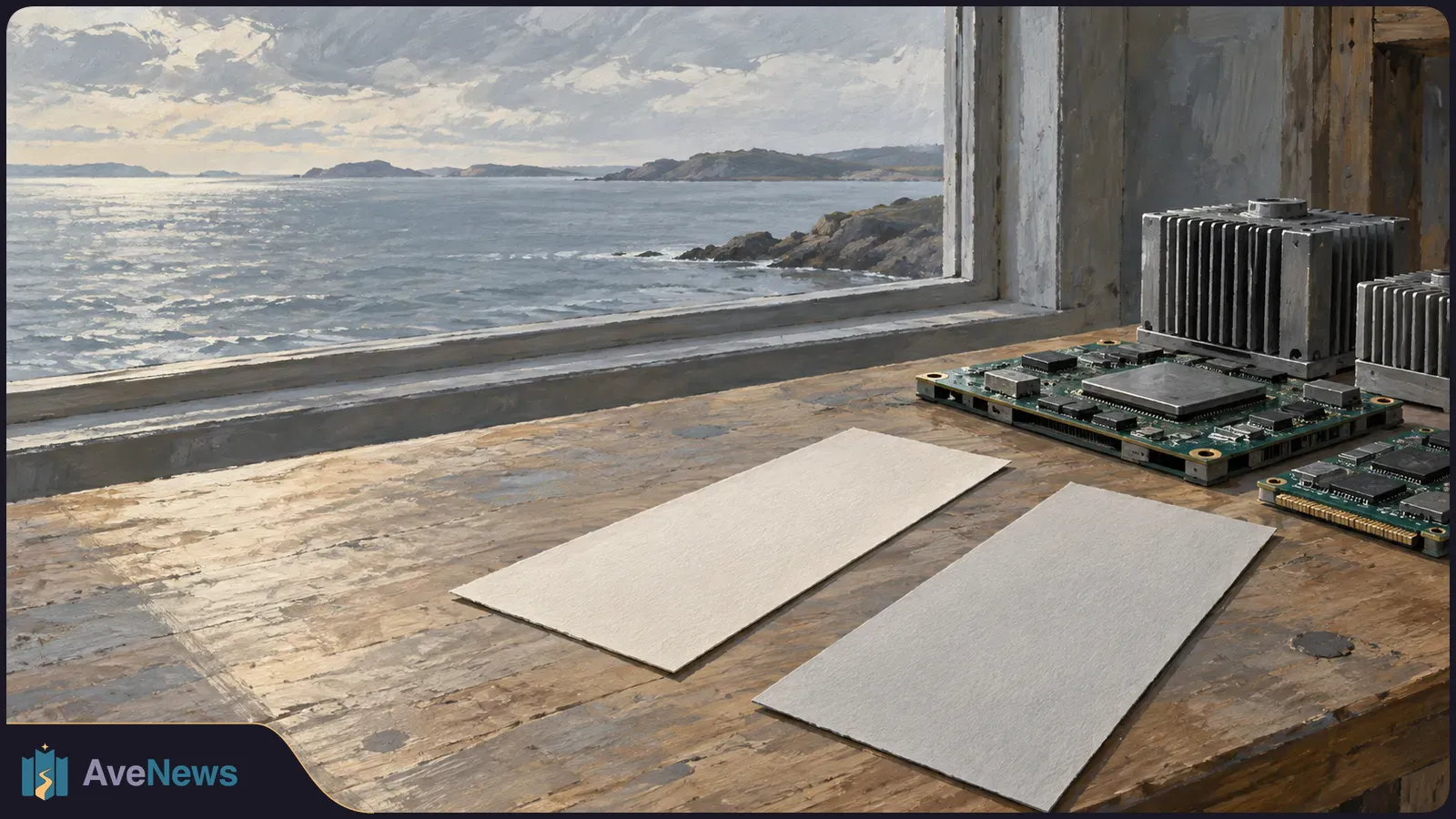 Two blank white sheets lie on a wooden table beside circuit boards and metal heat sinks. The sea and a rocky shore are visible through a window. SI illustration