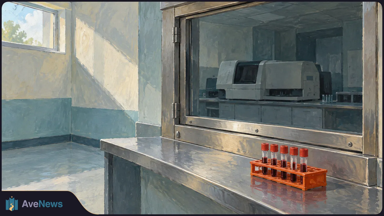 Painted laboratory scene with five red-capped blood sample tubes in an orange rack on a metal counter; equipment sits behind a glass partition. SI illustration