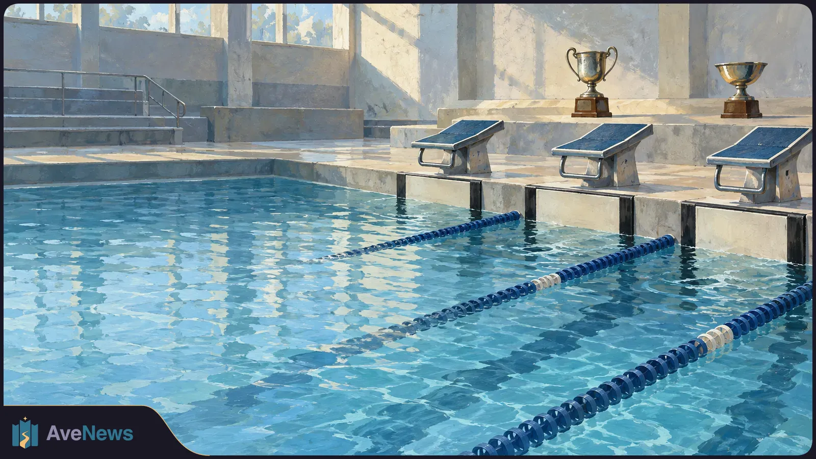 Painted indoor swimming pool with lane ropes, three starting blocks and two trophies on a raised platform. SI illustration