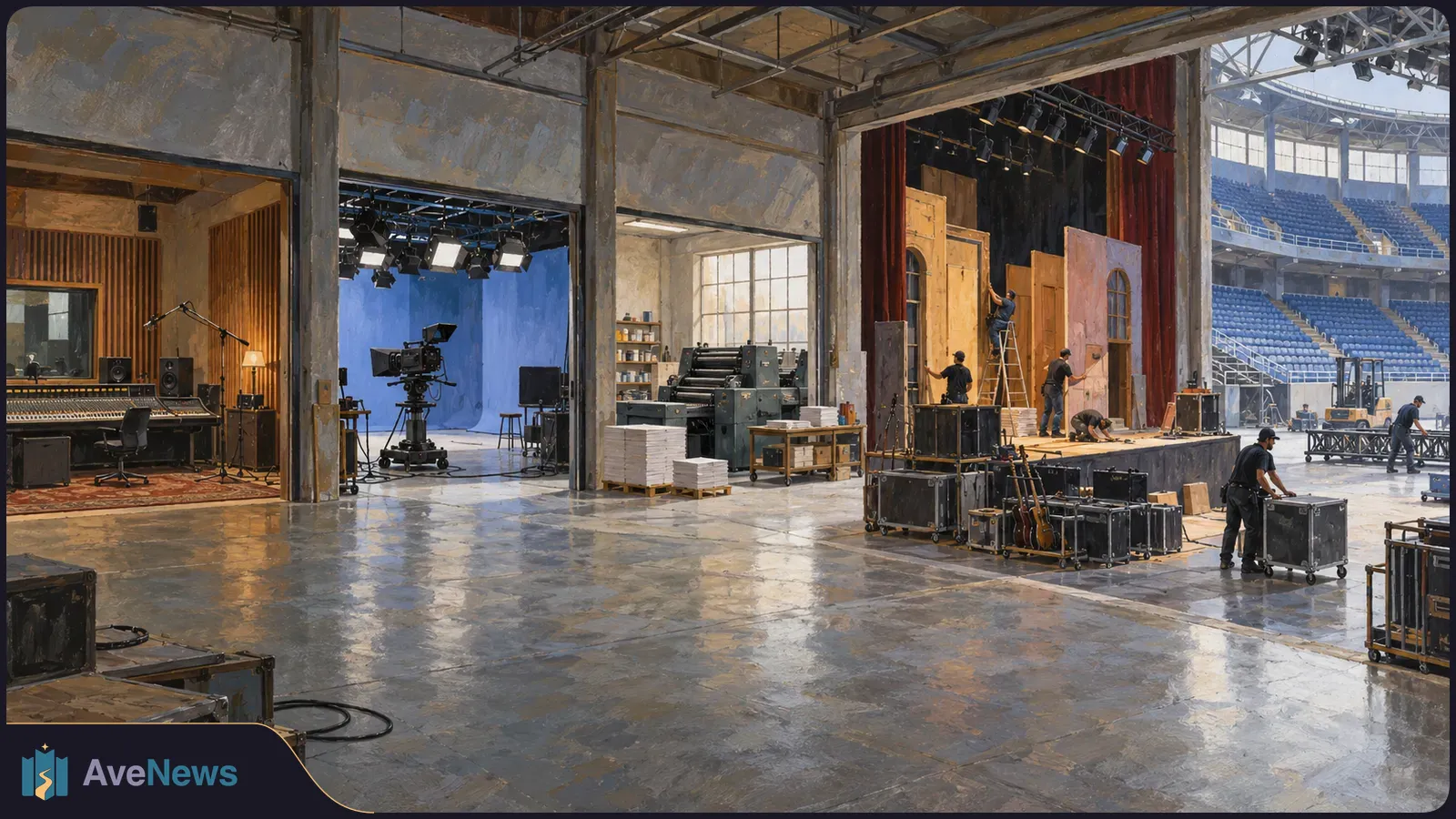 A painted complex shows a recording studio, camera set and printing press beside a stage where workers prepare scenery, with a blue-seated sports arena beyond. SI illustration