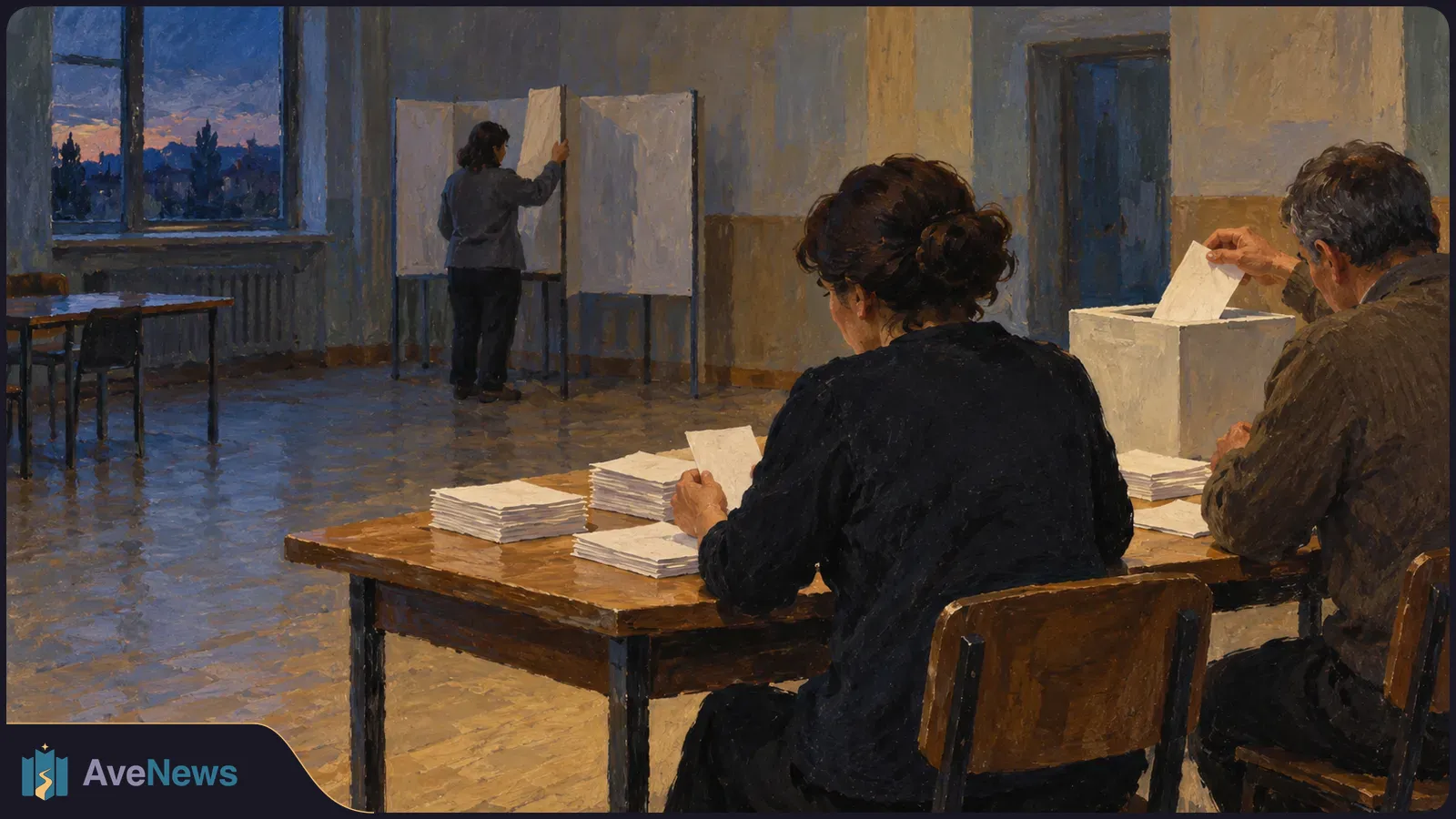 Painterly scene of two people sorting papers beside a ballot box while another stands at a voting booth in a dim room at dusk. SI illustration