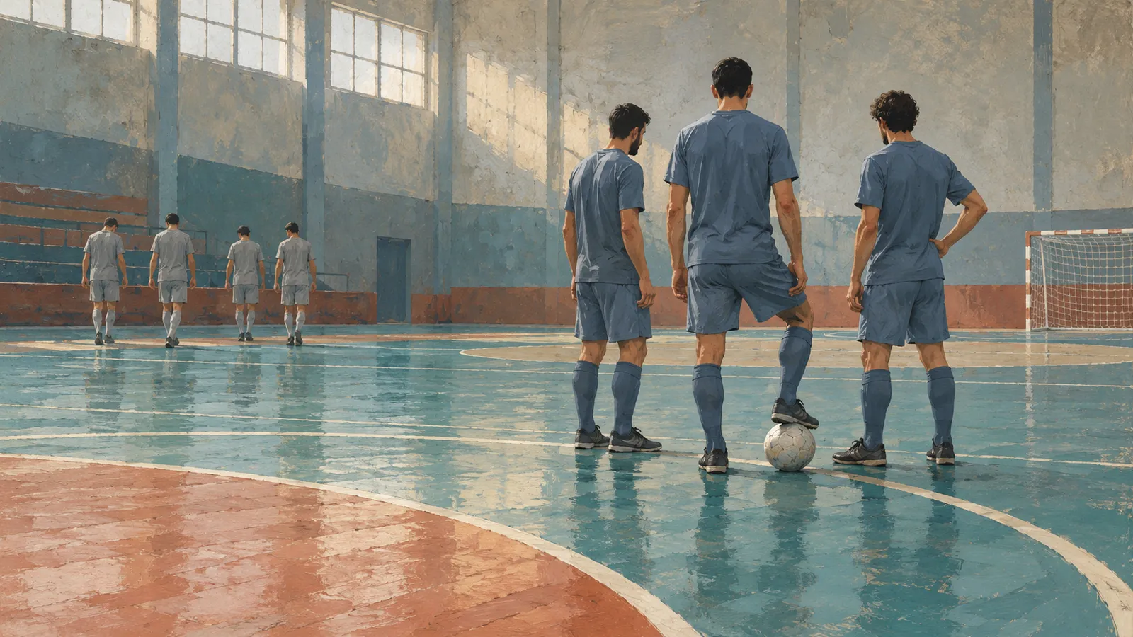 Three players in blue stand around a ball on an indoor court, while four players in gray walk away in the background. SI illustration