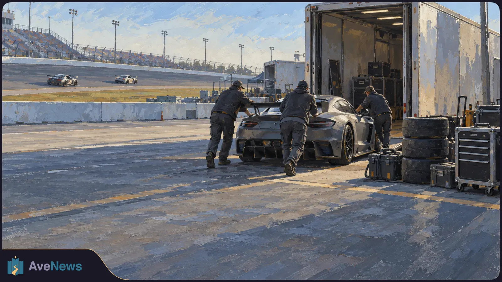 Painterly view of three crew members pushing a gray race car past an open trailer in a pit lane, with stacked tires nearby and two cars on the track behind them. SI illustration
