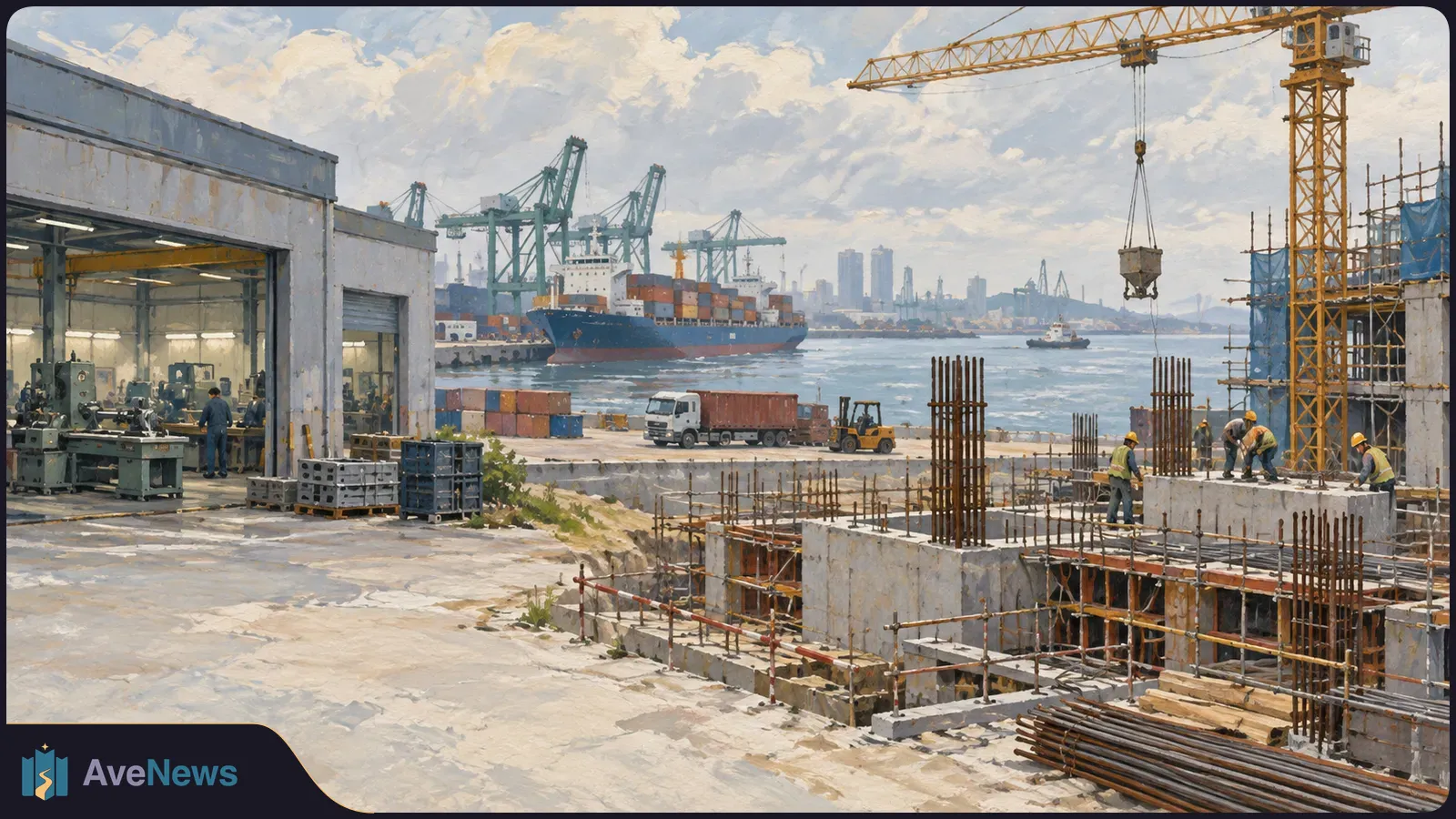 Painted port scene with a container ship and cranes behind a workshop, while workers build a concrete structure in the foreground. SI illustration