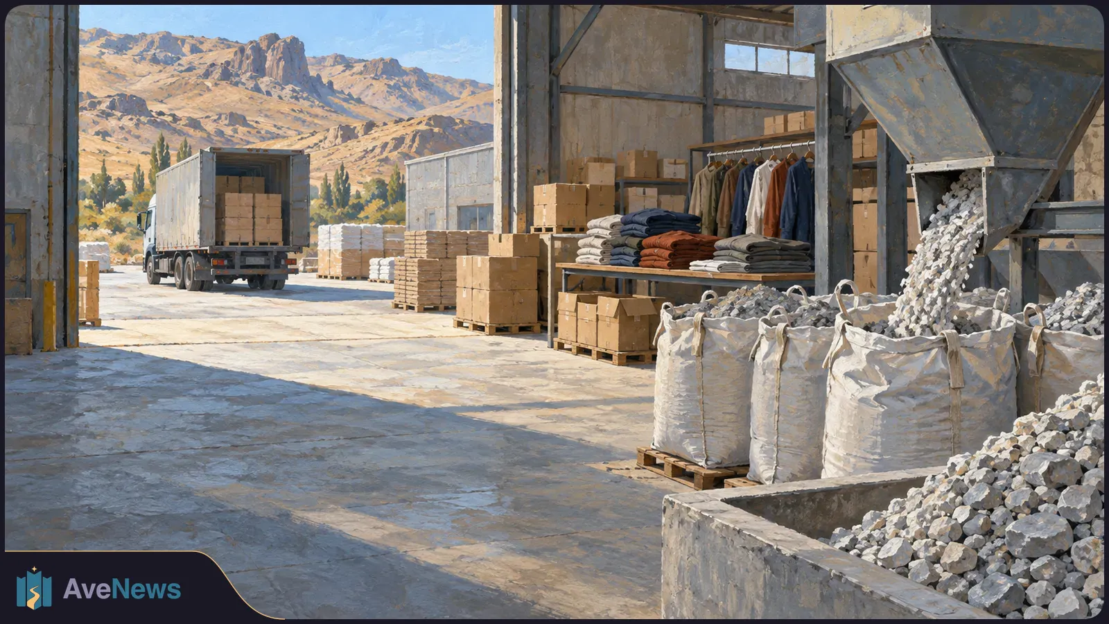Painted warehouse scene with a cargo truck, boxes, hanging clothes and folded garments, and white sacks beneath a hopper spilling pale stones; dry mountains rise beyond. SI illustration