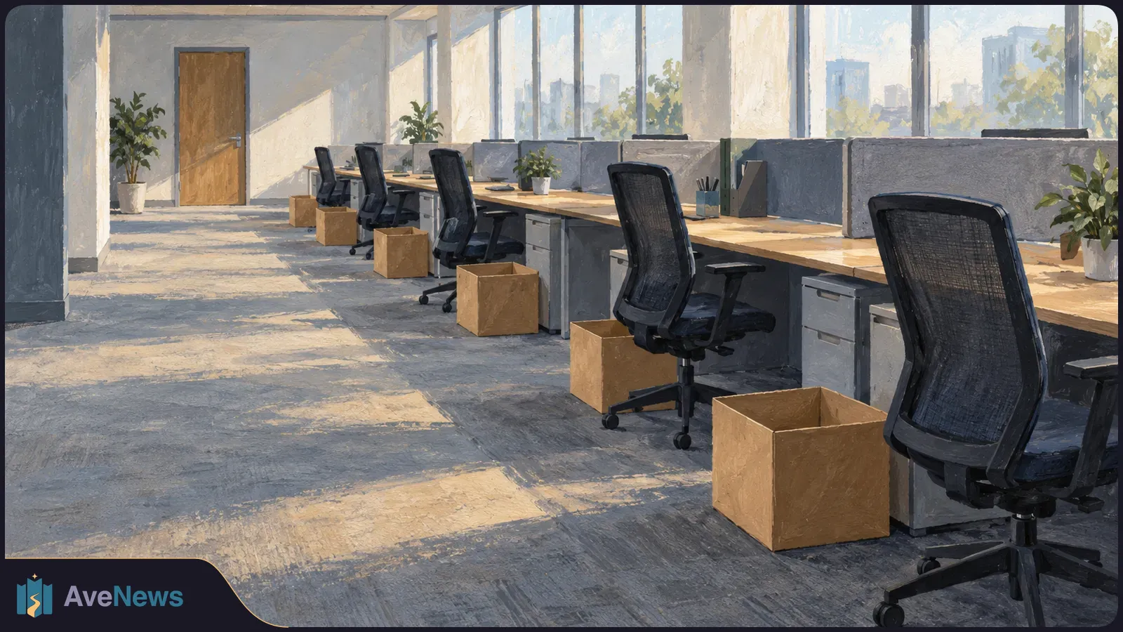 A painted, sunlit office with empty desks and black chairs. Open cardboard boxes sit beside the workstations. SI illustration